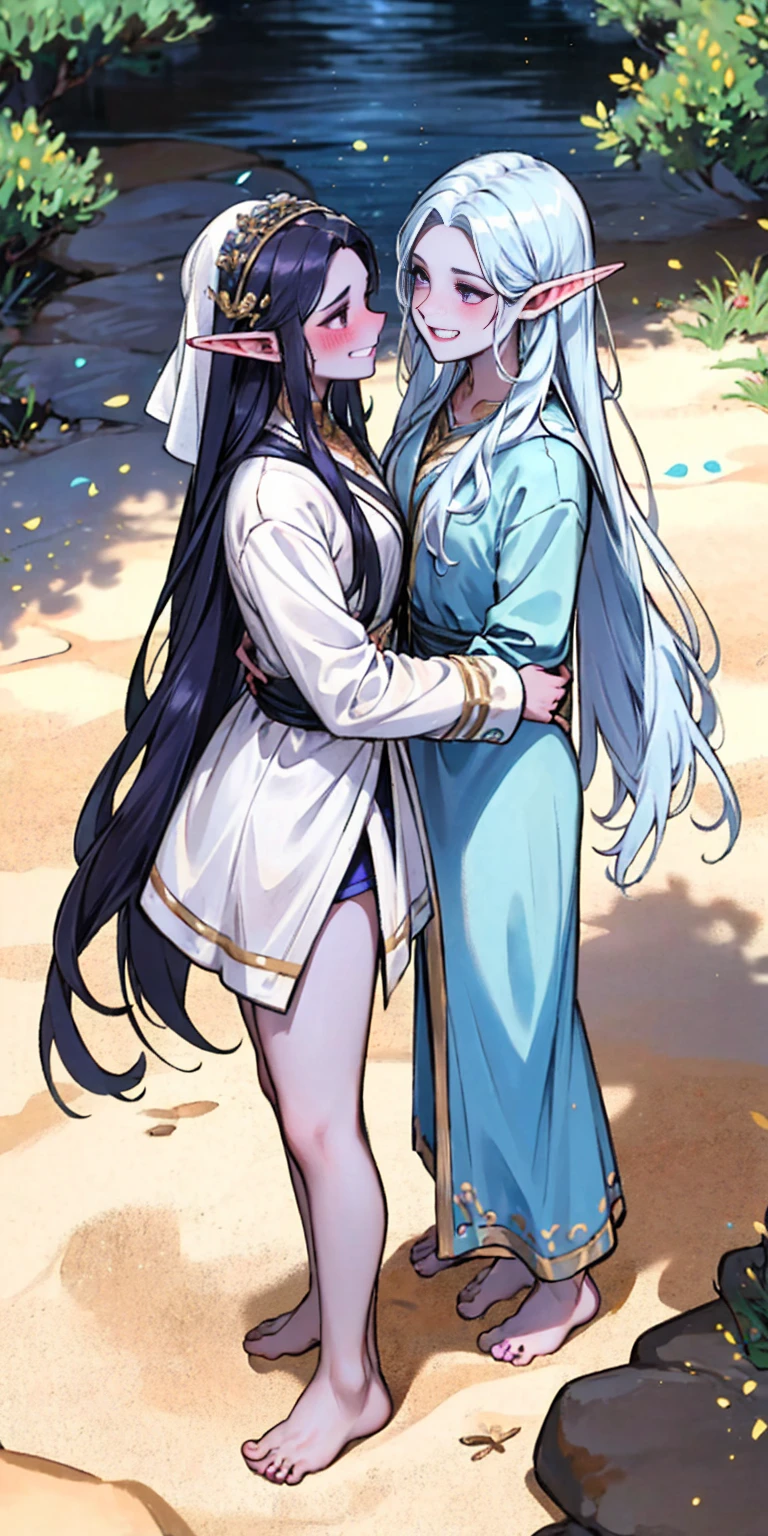 Body position: Standing, straight, symmetrical, barefoot, Lustful smile on face with red blush, 2 girls who gets married and stands in front of many people, kissing, purple skin drow elves