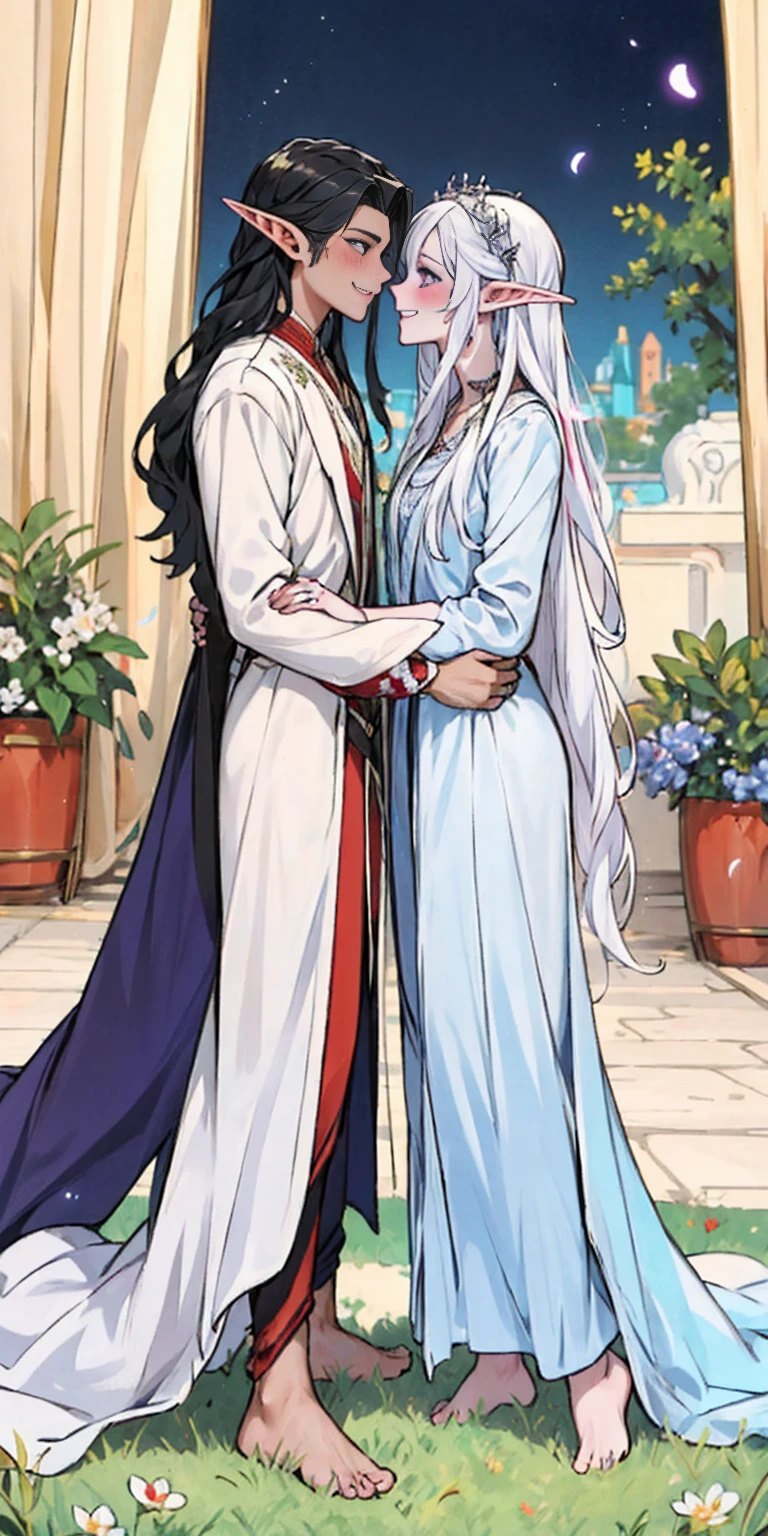 Body position: Standing, straight, symmetrical, barefoot, Lustful smile on face with red blush, 2 girls who gets married and stands in front of many people, kissing, purple skin drow elves