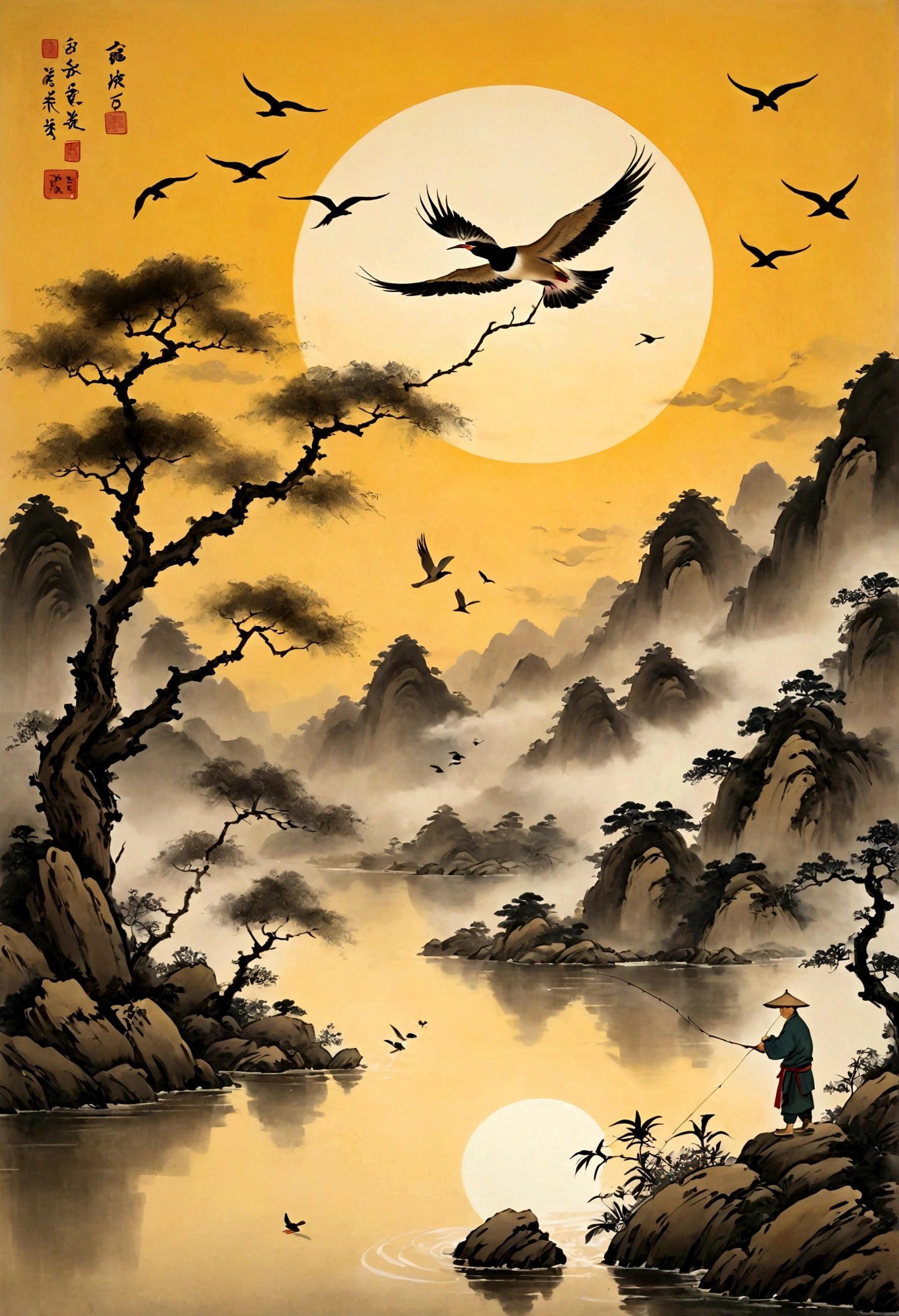 A man fishing in a river at sunset with birds flying overhead, Fisherman, Chinese Artists, Chinese landscape, Inspired by Sun Kakuhiro, Sheng Lin&#39;s artwork, By Gong Xian, Traditional Chinese Painting, Traditional Japanese painting, qi sheng luo, Asian Art, traditional chinese art, chinese style painting, Oriental landscapes, Traditional Chinese Ink Painting