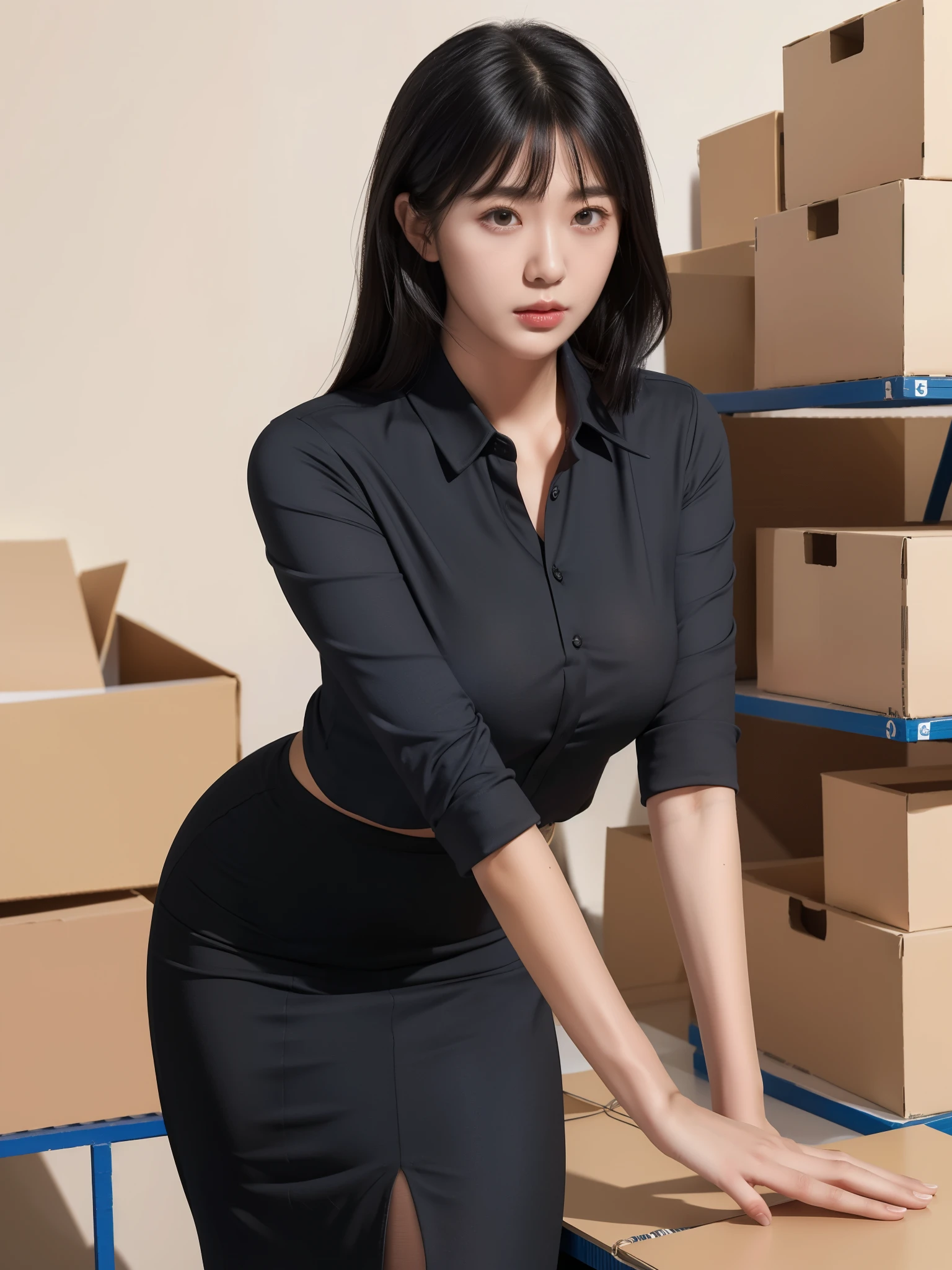 1lady solo office worker, leaning forward, /(casual shirt pencil skirt/) /(id card lanyard/), /(black hair/) bangs, (masterpiece best quality:1.2) ultra-detailed, large breasts arms down BREAK /(supply room office/) cardboard boxes /(steel storage shelves/)
