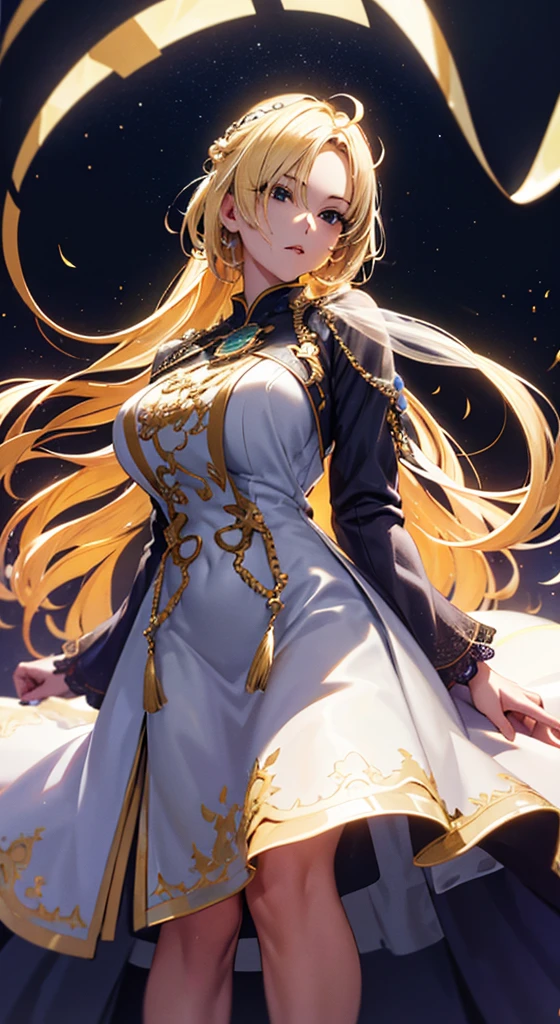 masterpiece, high quality, 4K, Beautiful design, silhouette，blonde， 非常に詳細な夜のStarry Sky,Glass Kingdom，Glass World，Glass Castle， wonderful, Finer details,  Very knowledgeable woman, Highly detailed solo, 1 female,Big Breasts， Pure white dress，Night view，Starry Sky，