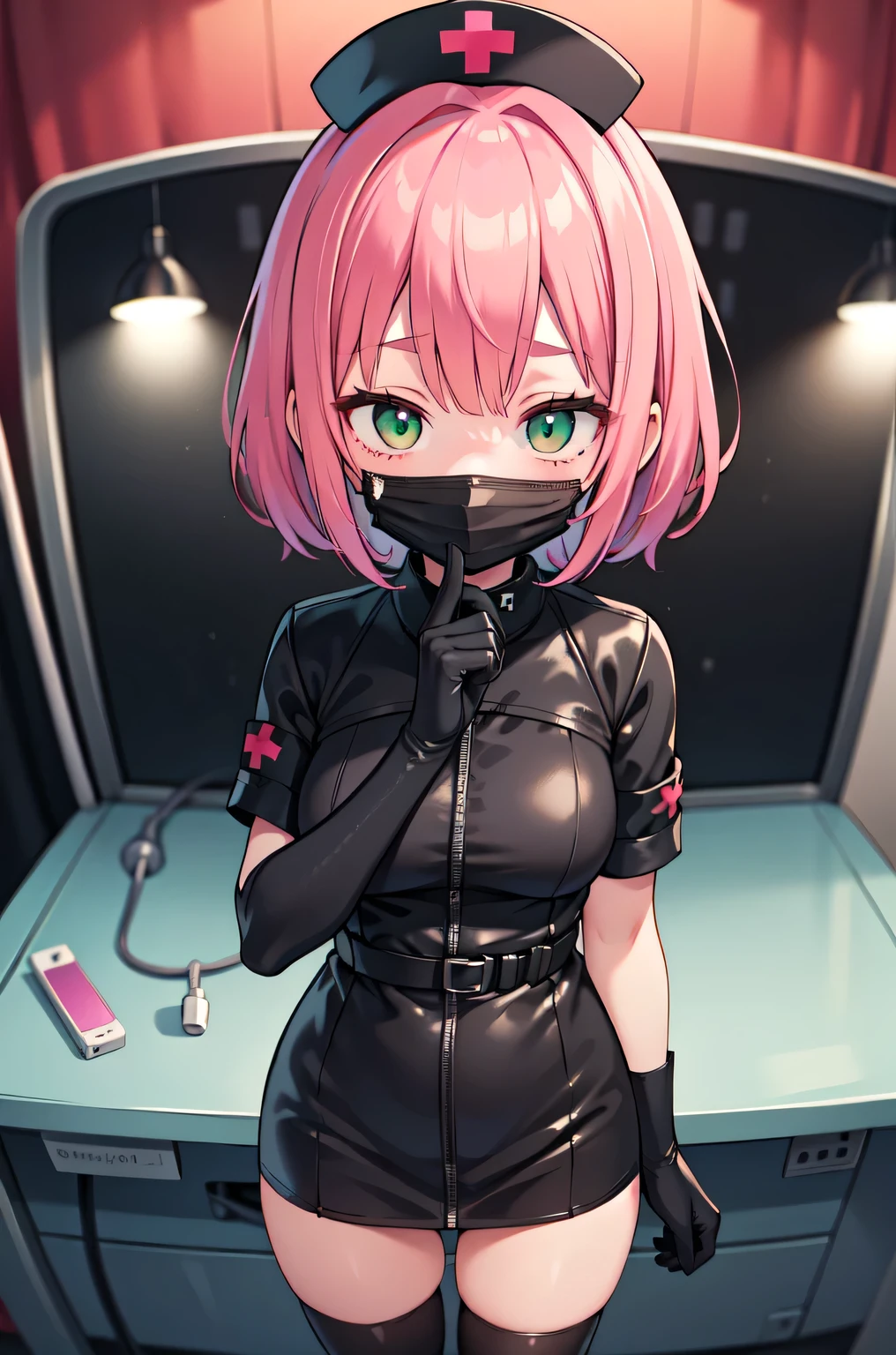 black nurse, 1girl, solo, black nurse cap, black nurse uniform, ((black legwear, zettai ryouiki)), black elbow gloves, pink hair, green eyes, drooping eyes, ((black surgical mask, covered nose)), standing, ((surgery room)), sharp outline, short sleeves, best quality, masterpiece