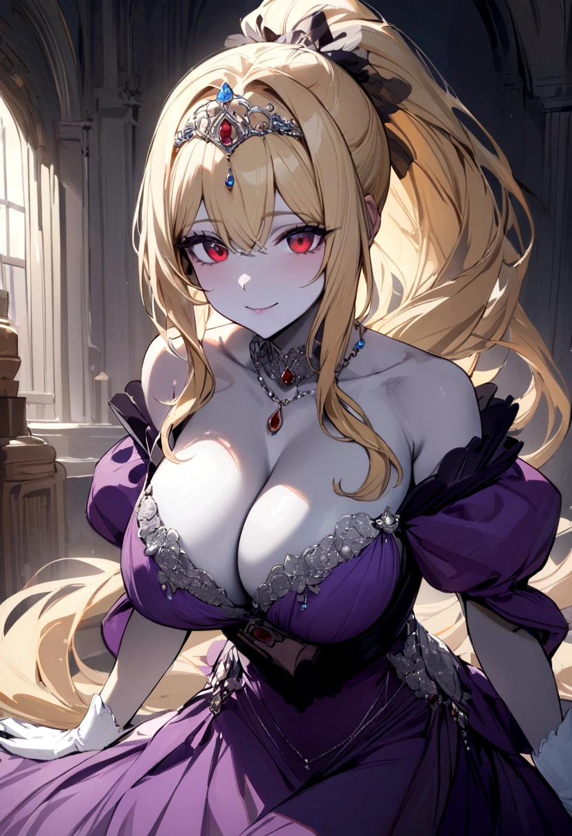(masterpiece), best quality, expressive eyes, perfect face, a woman is in a long gown and wearing white gloves, 1girl, solo, , purple dress, long hair, large breasts, red eyes, cleavage, smile hair, jewelry, bare shoulders, ponytail, grey colored skin, necklace,