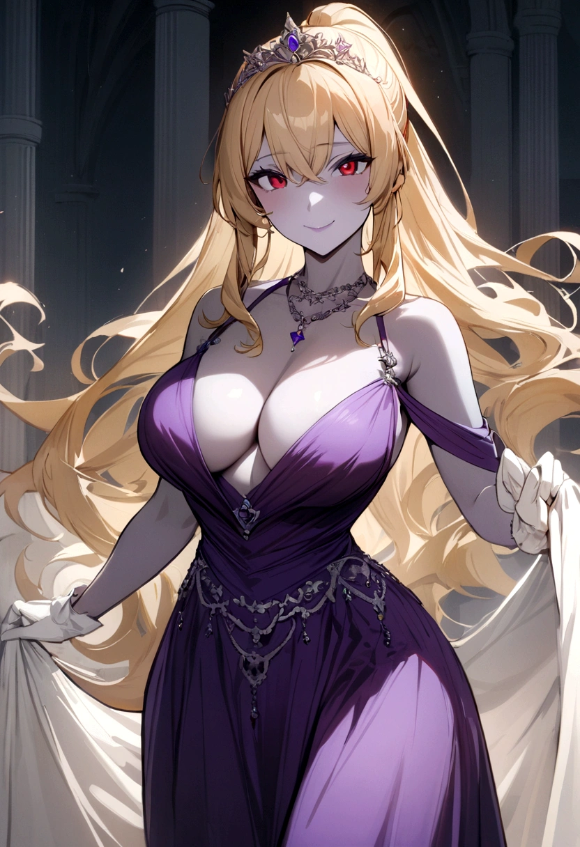 (masterpiece), best quality, expressive eyes, perfect face, a woman is in a long gown and wearing white gloves, 1girl, solo, breasts, purple dress, long hair, large breasts, tiara, red eyes, cleavage, smile, blonde hair,  jewelry, bare shoulders, ponytail, grey colored skin, necklace, 