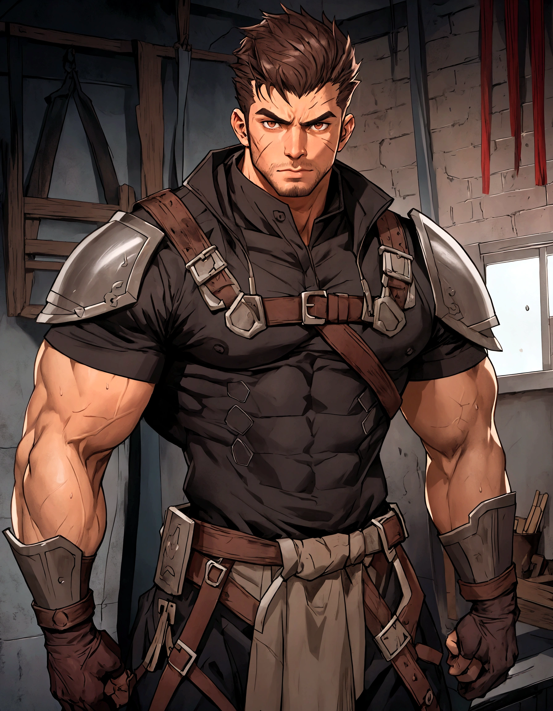 solo,scar,blacksmith,With a hammere,at work,sweat,A man in a shirt stands in the room, muscular! muscular male hero, muscular!! Science Fiction, muscular character, muscular!!, Armor! muscular, Medium shot of handsome guy, Anime handsome man, Tall anime man with brown eyes, muscular!, gigachad muscular
