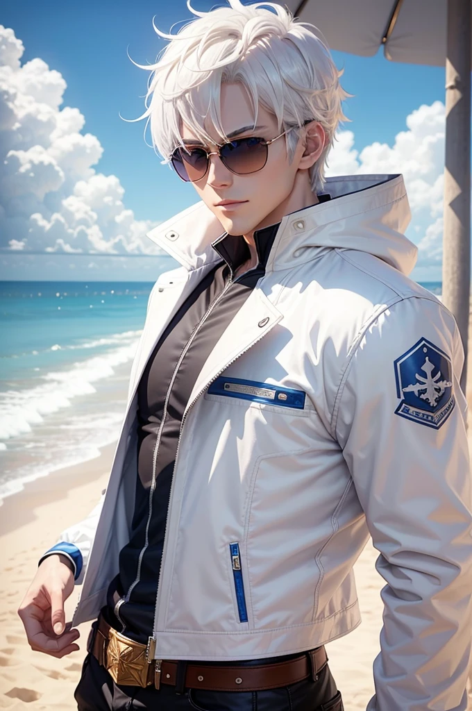 anime character with short hair and a white jacket, with white hair, anime handsome man, wearing king's crown, sunglasses, blue eyes, glowing eyes, royal styled, male anime character, 1boy, solo, suoh mikoto, the beach background, (day), smirk, cowboy shot, dynamic lighting