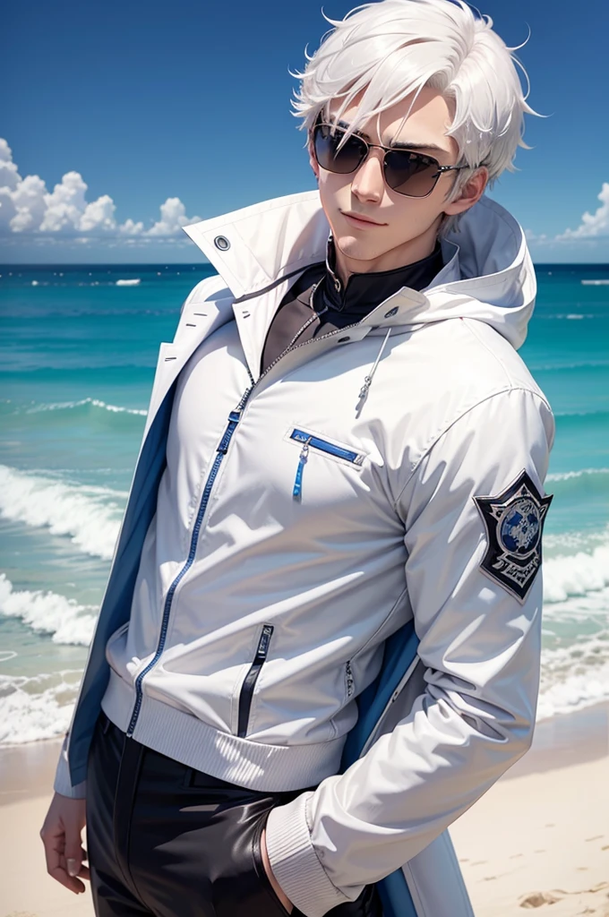 anime character with short hair and a white jacket, with white hair, anime handsome man, wearing king's crown, sunglasses, blue eyes, glowing eyes, royal styled, male anime character, 1boy, solo, suoh mikoto, the beach background, (day), smirk, cowboy shot, dynamic lighting
