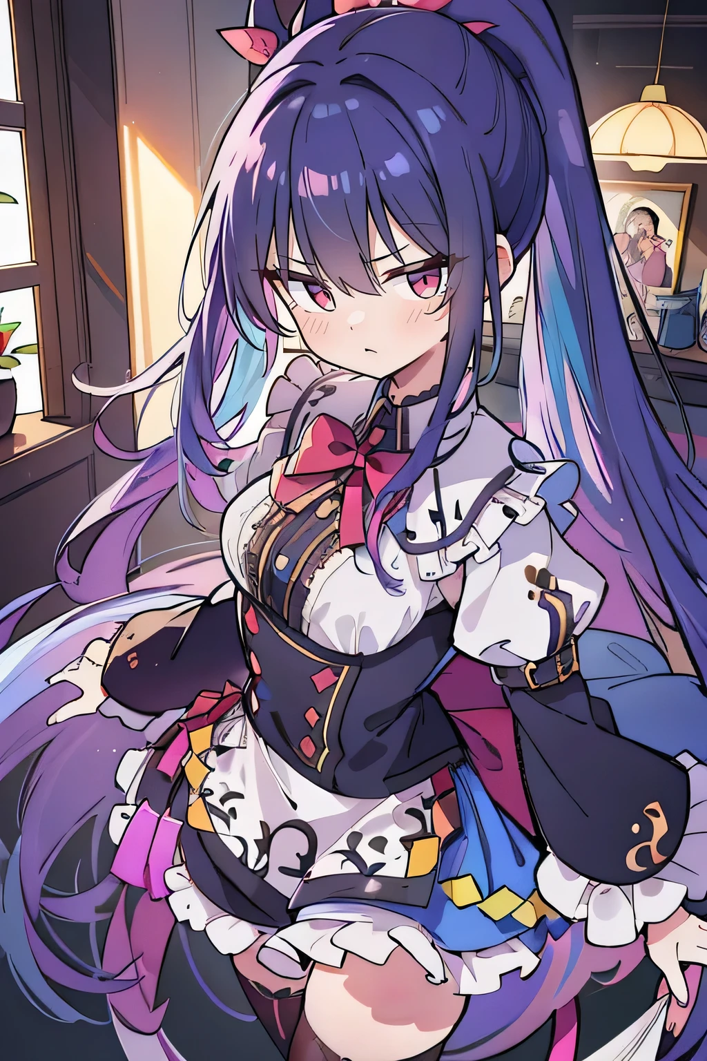 (best quality:1.3), (masterpiece:1.3), (illustration:1.3), (ultra-detailed:1.3), (imid shot:0.9), 1girl, medium breasts, purple eyes, (((dark blue hair))), hair ornaments, young, outfit-gladiia, long hair, dark blue hair, indoors, black shorts, thigh-highs, low ponytail, expressionless, upper body, close up, coat, skirt,
