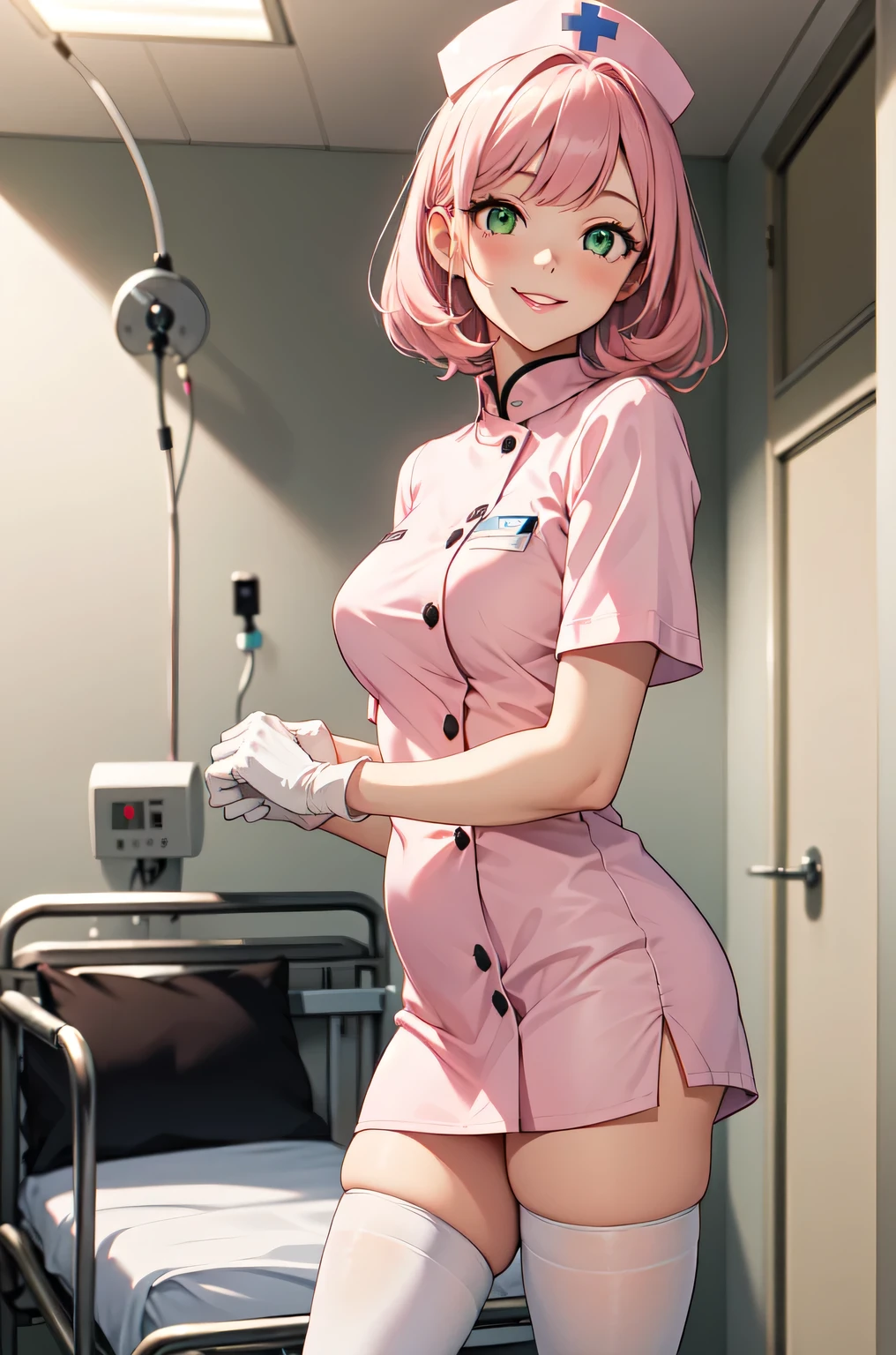 1woman, solo, nurse, white nurse cap, white nurse uniform, ((white legwear, zettai ryouiki)), white gloves, pink hair, green eyes, drooping eyes, pink lips, smile, standing, ((hospital room)), sharp outline, short sleeves, mature female, 32 years old, best quality, masterpiece