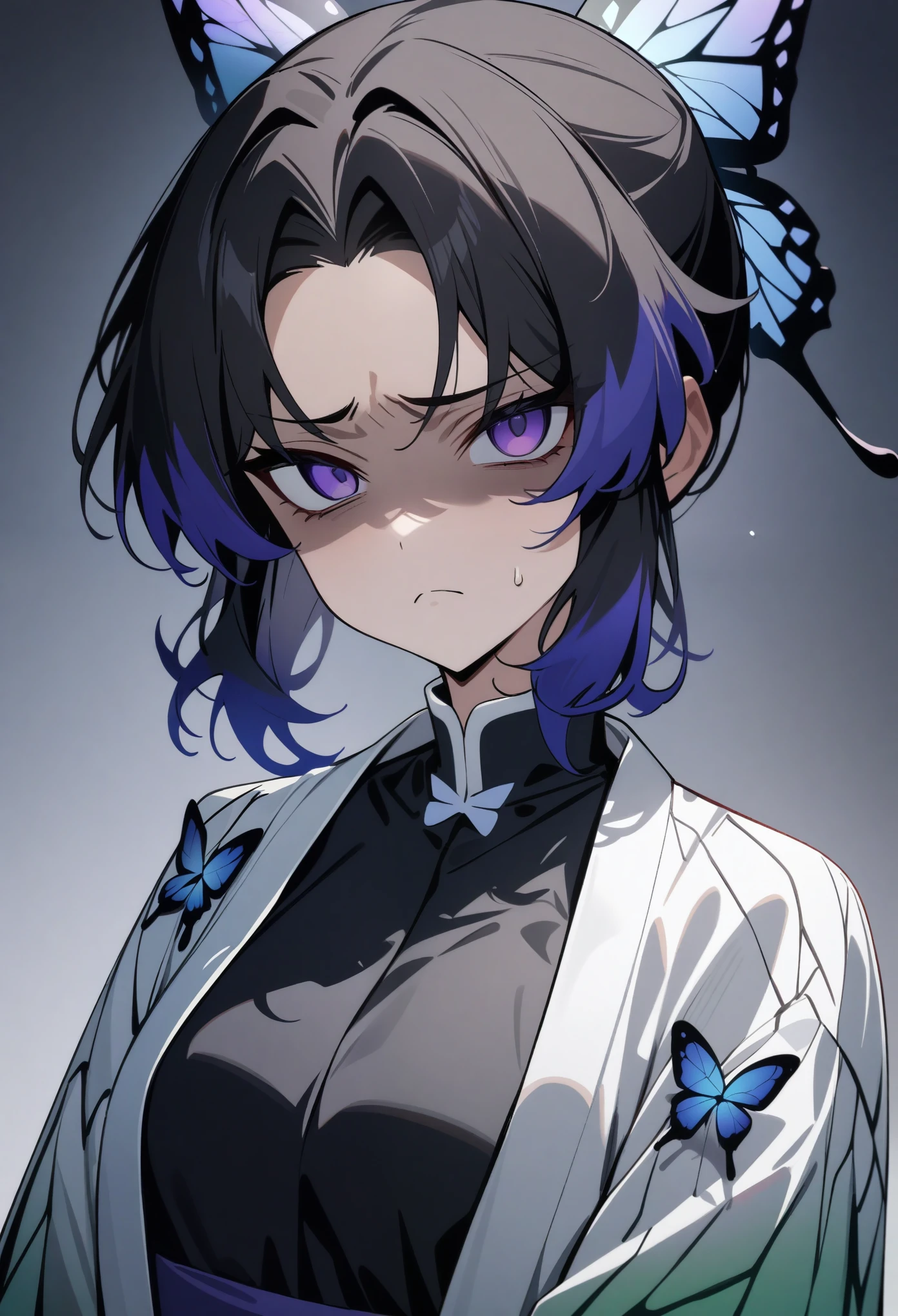 masterpiece, best quality, very aesthetic, absurdres, newest,1girl,upper body, (contempt, disgust,shaded face,looking at viewer,frown),
Kochou Shinobu, Decorate your hair with a butterfly, violet eyes, multi-colored hair, Short hair, Parted bangs, Japanese dress