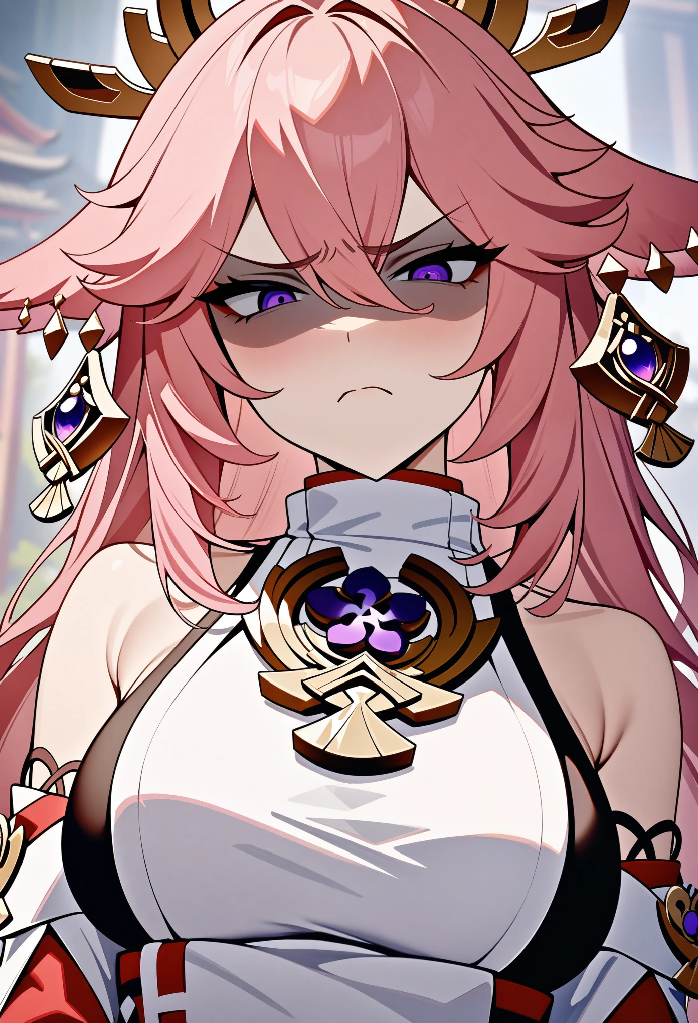 masterpiece, best quality, very aesthetic, absurdres, newest,1girl,upper body, (contempt, disgust,shaded face,looking at viewer,frown),
Yae Miko,Yae Miko(genshin impact), long pink hair, fox ears , purple eyes, a large gold ornament, large breasts, barefoot,