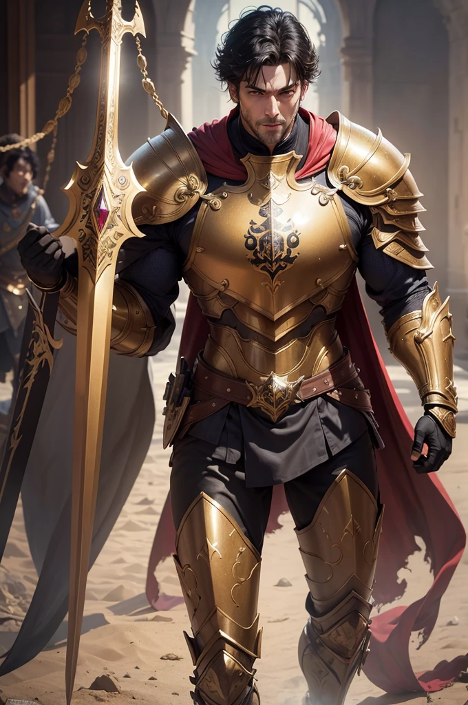 8K,paladin with sword,Gorgeous extra large armor(The elaborately crafted coat of arms of a nobleman),classy pants,ultra high resolution,surreal,realistic skin,Black hair short hair,big red eyes,muscular body,Purfluz,background,battlefield,ornate waist armor,delicate hands, Perfect hand shape,fantasy art,character art,Battle scenes,action scene,action pose,paladin,masterpiece,Realistic RAW photos of the highest quality。bright colors,rich colors, backlight, movie lights, film grain, born, 50mm lens, Nikon D850,realistic skin,fantasy art,character art,ultra high resolution,realistic scale skin,forage,Severely torn abdominal muscles,golden eyes(golden glitter effect),Severely torn abdominal muscles,laugh,dynamic pose,action pose,holding it for a long time, bayonet,