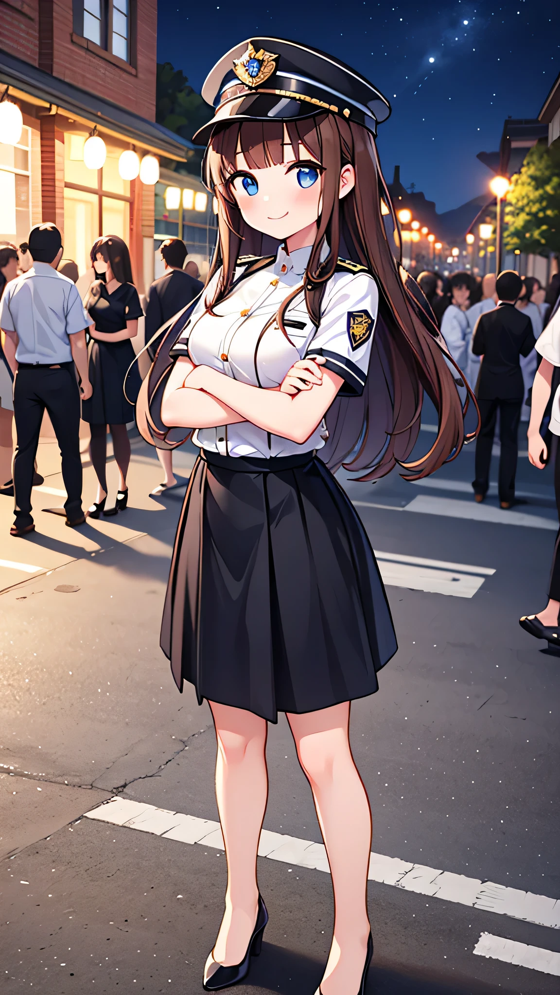 {highest quality], [Super beautiful], [Ultra fine], [Best illustration], NSFW,Brown Hair, Hime cut, Long Hair, With bangs, girl, Uniform cap,Security uniform, smile, blush, Slender women,Short sleeve,Long straight skirt, Adult women,Model pose,(Public）Night Park, diagonal,Bare feet and pumps, Plain black pumps