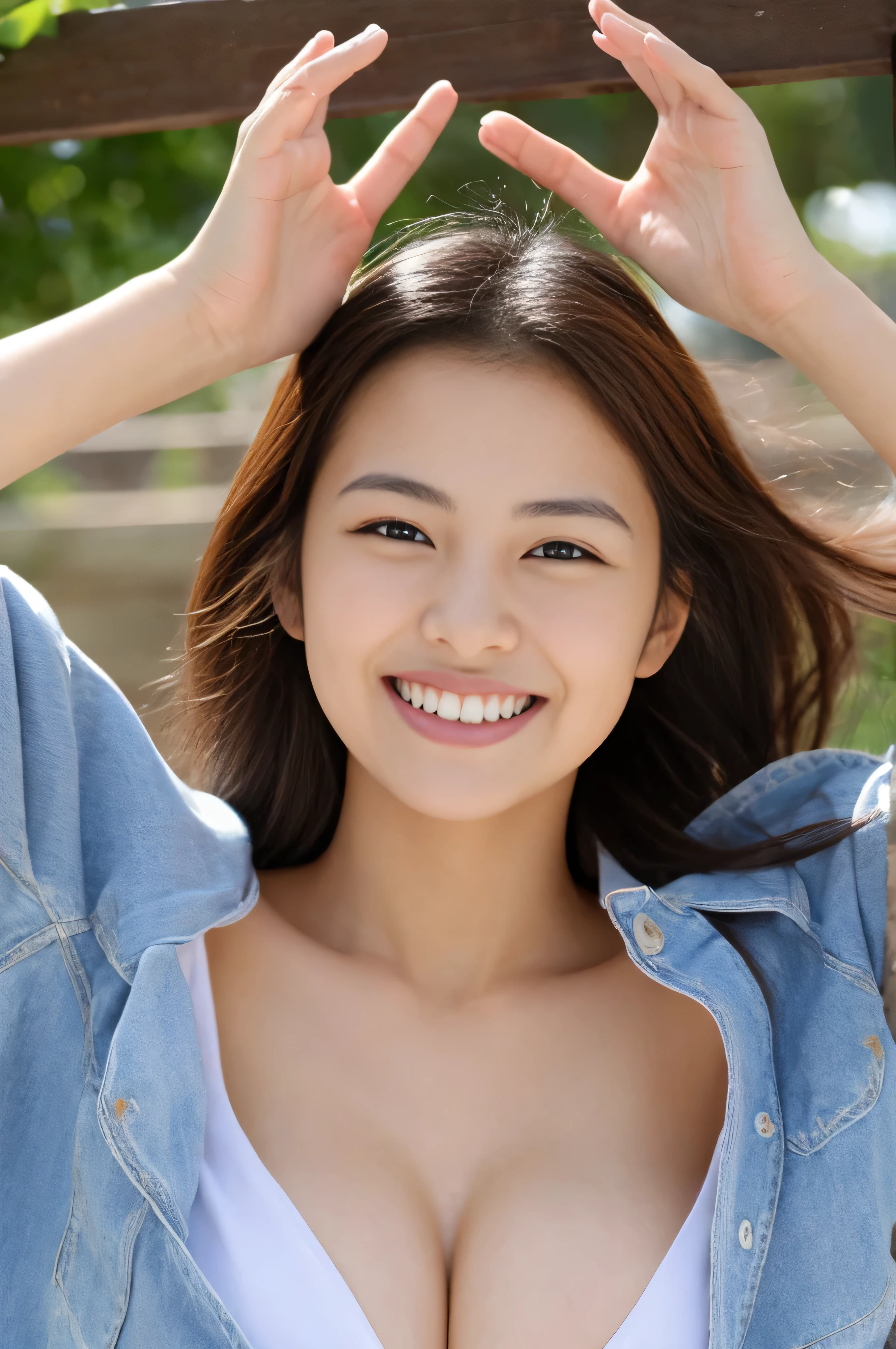 Japanese ),((beautiful girl)),Cleavage,Expressions that express a pleasant feeling:1.2,(Perfect body beauty:1.2),((Perfect body)),(A shy smile),Beautiful Teeth,
