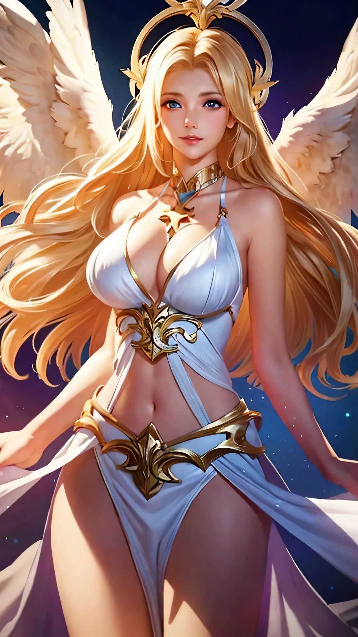 1girl, angel, angel wings, big breast and exposed breasts, bare shoulders, blonde hair, breasts, dress, feathered wings, halo, jewelry, long hair, big breasts, white wings, wings, a beautiful woman with angel wings, Epsylon Point, league of legends splash art, a detailed painting, fantasy art, (masterpiece, best quality:1.5), open belly, standing and 2 hands drop down
