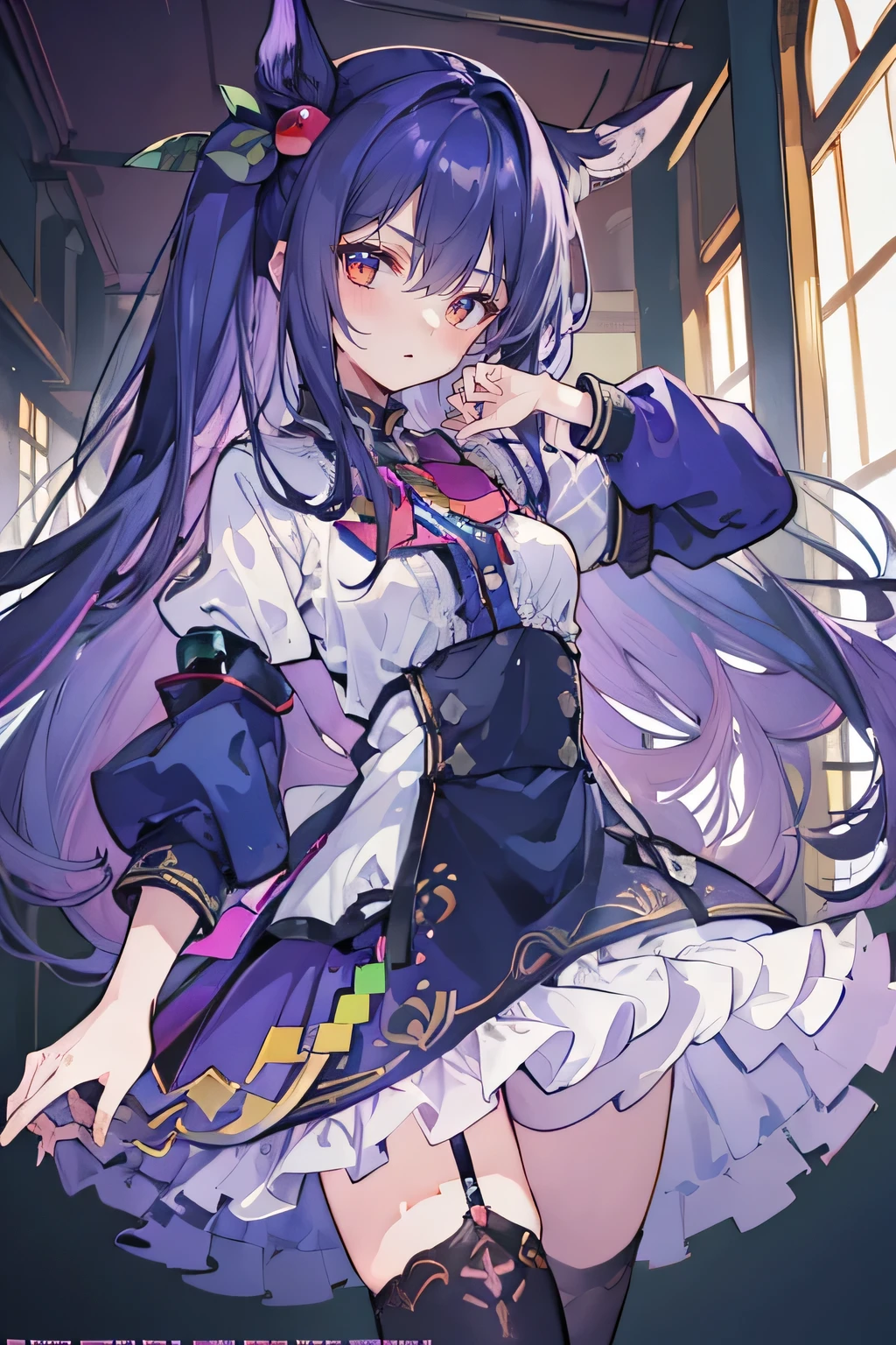 (best quality:1.3), (masterpiece:1.3), (illustration:1.3), (ultra-detailed:1.3), (imid shot:0.9), 1girl, medium breasts, purple eyes, (((dark blue hair))), hair ornaments, young, outfit-gladiia, long hair, dark blue hair, indoors, black shorts, thigh-highs, low ponytail, expressionless, upper body, close up, coat, skirt,