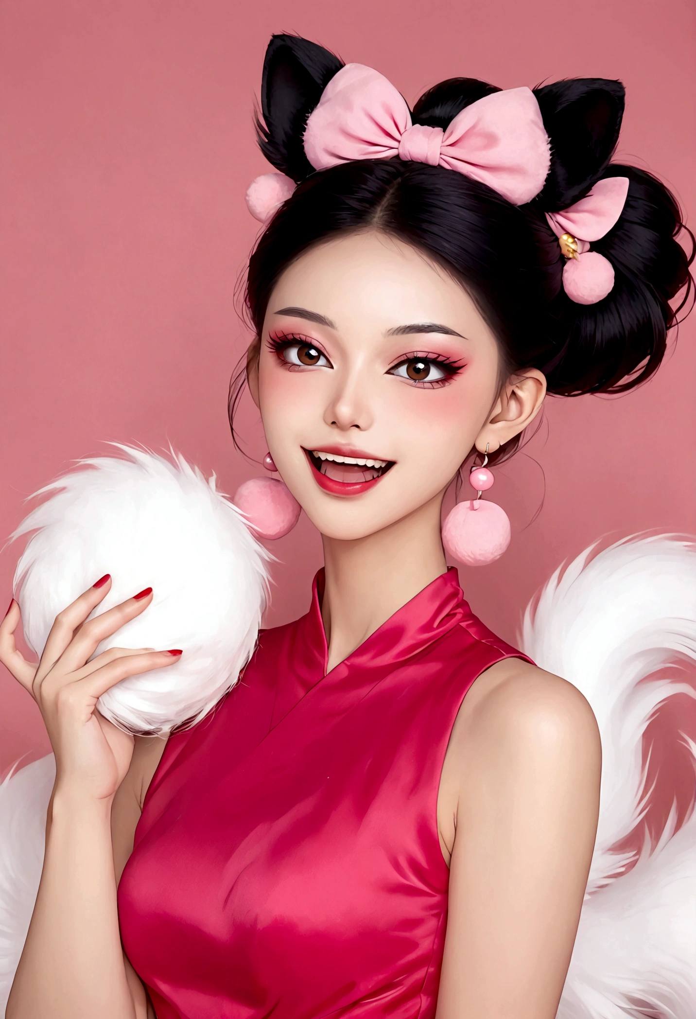 《Daji》Beautiful face,beautiful eyes,Pink Eyeshadow,laughing out loud,Fangs,(((9 big, fluffy tails))),Black high bun,Pink pompom earrings,Sexy red sleeveless Chinese dress,Pink love bubble,Place your finger to your mouth