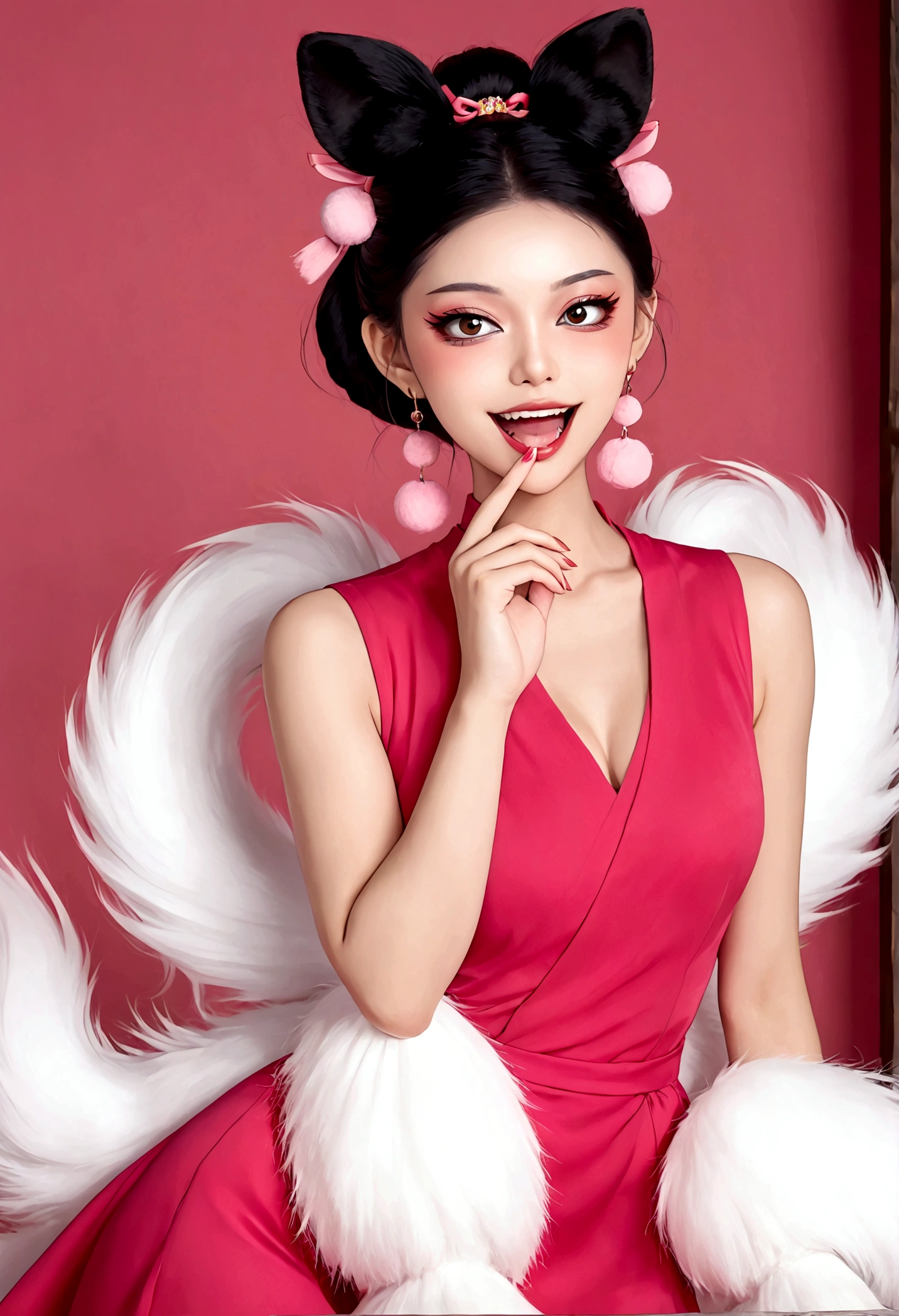 《Daji》Beautiful face,beautiful eyes,Pink Eyeshadow,laughing out loud,Fangs,(((9 big, fluffy tails))),Black high bun,Pink pompom earrings,Sexy red sleeveless Chinese dress,Pink love bubble,Place your finger to your mouth