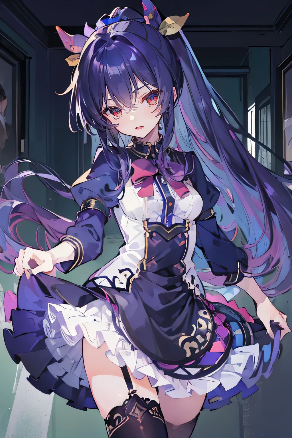 (best quality:1.3), (masterpiece:1.3), (illustration:1.3), (ultra-detailed:1.3), (imid shot:0.9), 1girl, medium breasts, purple eyes, (((dark blue hair))), hair ornaments, young, outfit-gladiia, long hair, dark blue hair, indoors, black shorts, thigh-highs, low ponytail, expressionless, upper body, close up, coat, skirt,