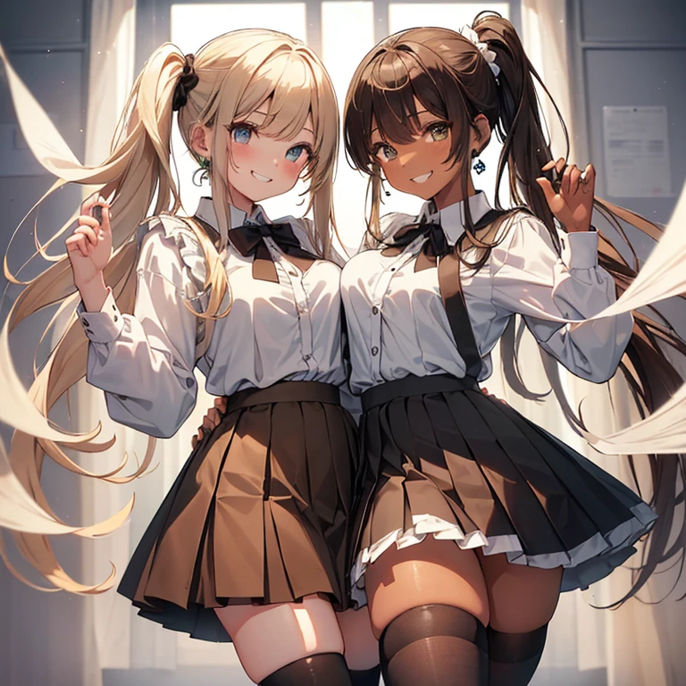 (Cute eyes:1.2), (Sparkling eyes:1.2), (8k、Best image quality、highest quality、masterpiece)、Detailed face、(2 girls)、Improve、((Brown Skin:1.3))、blonde、Low Ponytail、Scrunchie、Yellow Eyes、Earrings、Wicked Smile、((Grin))、(glamorous:1.1), (Huge breasts)、((Fluffy white collared shirt))、(Cleavageカットアウト)、Cleavage、((A black pleated skirt with little fabric))、((String-like mini skirt))、White socks、Knee socks、loafers、whole body、Shooting from the sky、Classroom Background、 (Black Stockings:1.1), (Thighs), (Waistline),(((Showing off her breasts and pussy、The costumes are'Almost naked)))