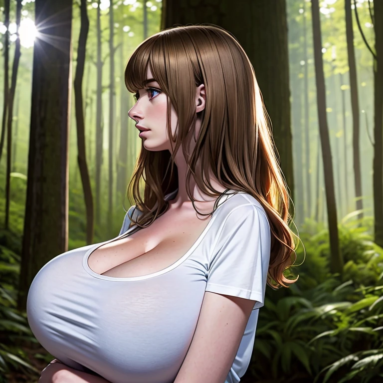 photograph, canon 5d, soft lighting, backlit, younger Anne Hathaway sitting with her back leaning against a tree, side view, aged 18, melancholy, looking aside, sfw, (very tall teenager), (very long torso), (very long neck), (skinny), (arafed), (slim), hidden symmetric breasts, loose tucked-in scoop-neck short-sleeved cotton t-shirt, cargo shorts, detailed beautiful bright symmetric eyes, outdoors, thick forest, overgrown, dark blonde hair, (big huge enormous massive colossal gigantic breasts), (topheavy), (cleavage), (big flowing extremely long hair with waves), bangs, [shiny:1.5]