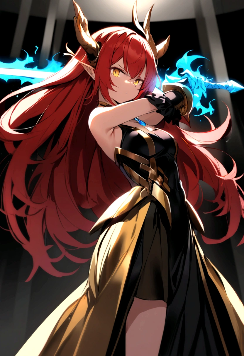 red head, Dragon girl, black and gold dress, blue flaming sword, pose
