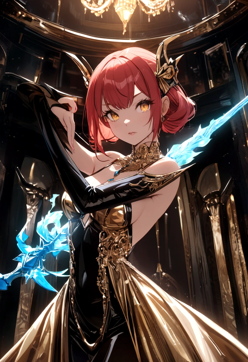 red head, Dragon girl, black and gold dress, blue flaming sword, pose