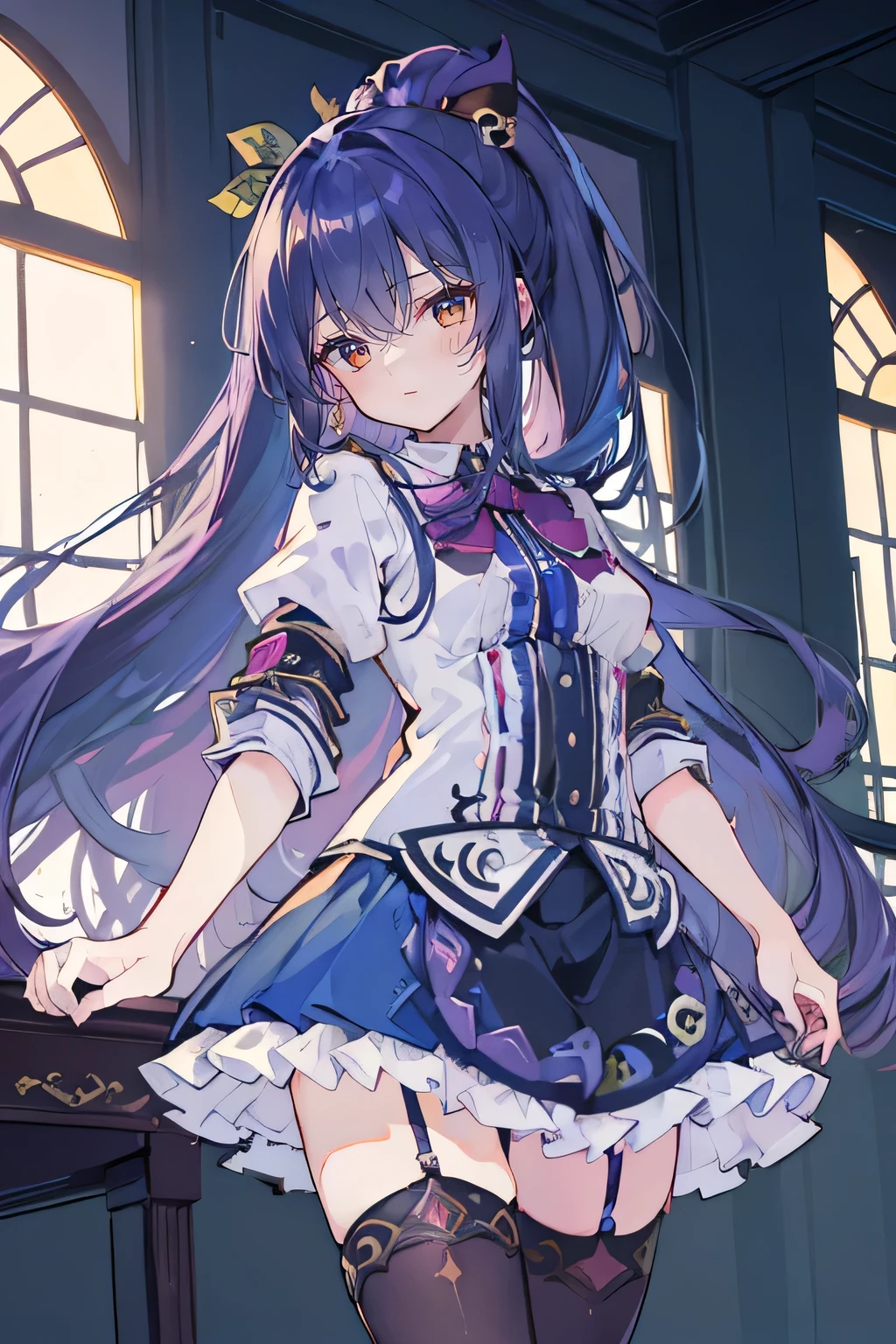 (best quality:1.3), (masterpiece:1.3), (illustration:1.3), (ultra-detailed:1.3), (imid shot:0.9), 1girl, medium breasts, purple eyes, (((dark blue hair))), hair ornaments, young, outfit-gladiia, long hair, dark blue hair, indoors, black shorts, thigh-highs, low ponytail, expressionless, upper body, close up, coat, skirt,