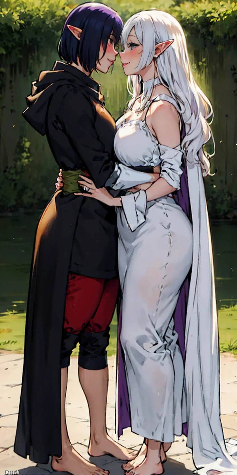 Body position: Standing, straight, symmetrical, barefoot, Lustful smile on face with red blush, 2 girls who gets married and stands in front of many people, kissing, purple skin drow elves