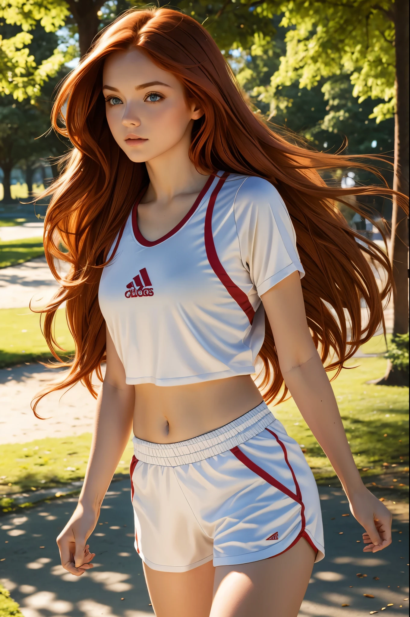 Beautiful redhead girl with brown eyes and long hair in sportswear walking in a park sunny, clear day photo shoot 