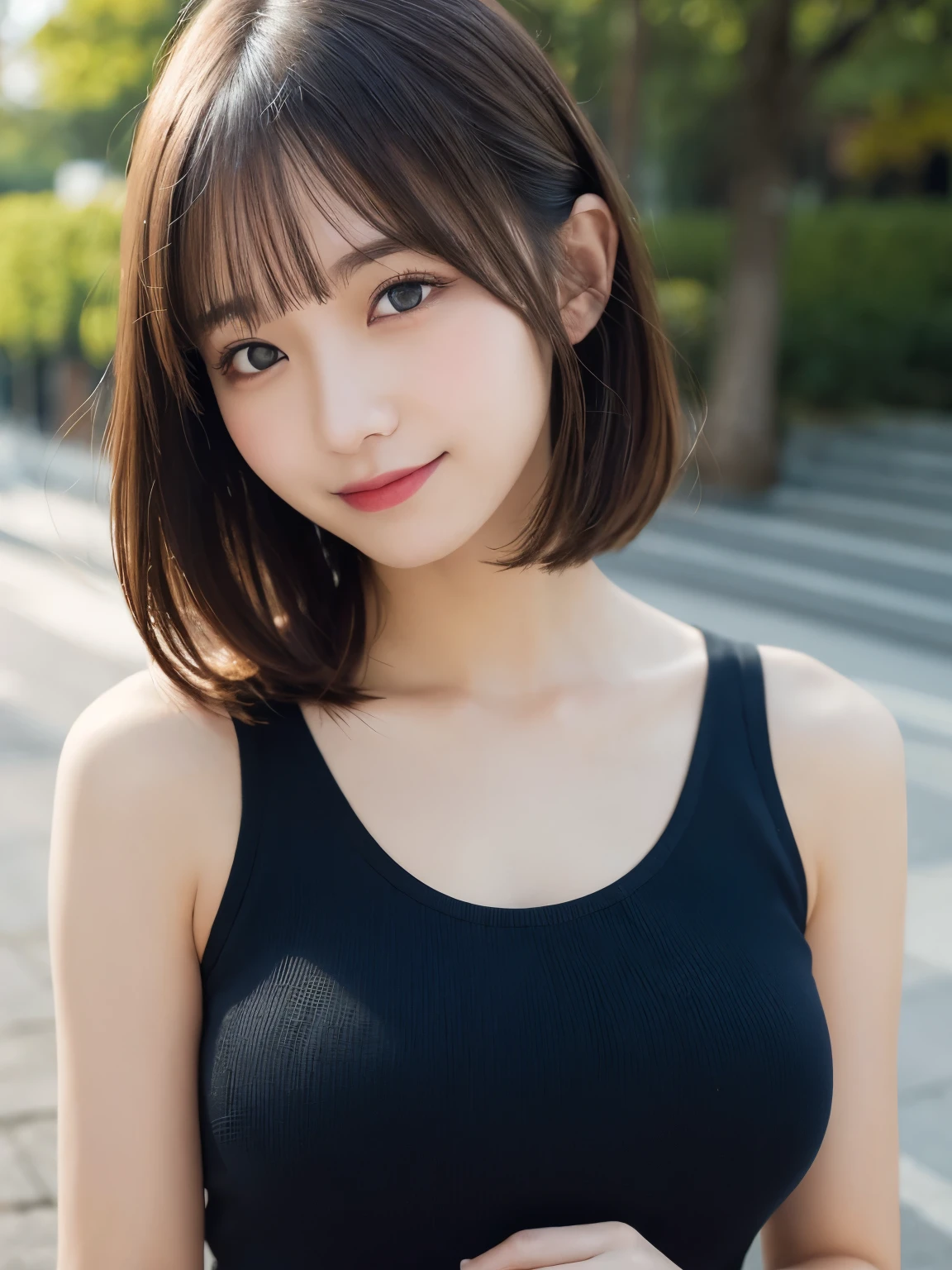 masutepiece, Best Quality, Illustration, Ultra-detailed, finely detail, hight resolution, 8K Wallpaper, Perfect dynamic composition, Beautiful detailed eyes, doress, short Hair, mid-chest, Natural Color Lip, Random and sexy poses,Smile, Blurred night park background、20 years girl、Colossal 、Too much exposure、tank top(black)、Exposing the chest、Slid、I keep my hair tied up
