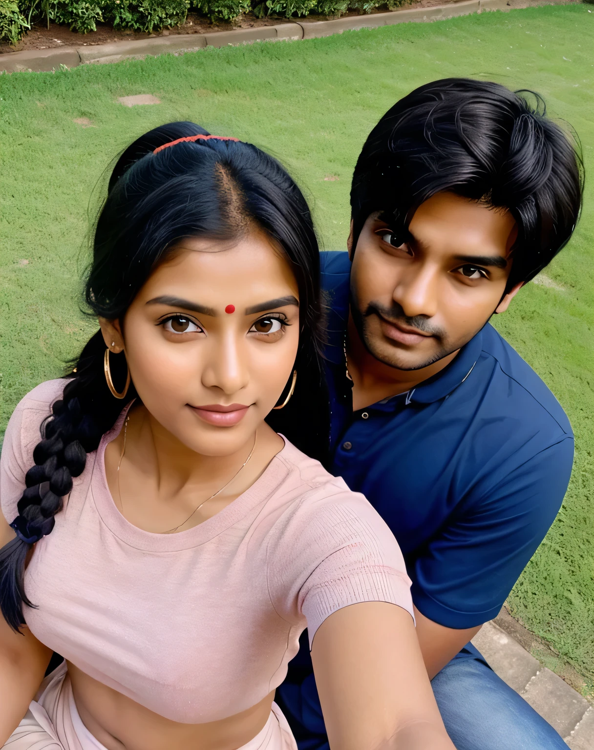 Indian couple selfie pose top angle view, pony tail