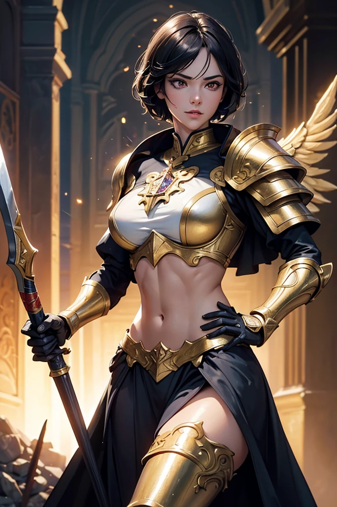 8K,paladin with sword,Gorgeous extra large armor(The elaborately crafted coat of arms of a nobleman),classy pants,ultra high resolution,surreal,realistic skin,Black hair short hair,big red eyes,muscular body,Purfluz,background,battlefield,ornate waist armor,delicate hands, Perfect hand shape,fantasy art,character art,Battle scenes,action scene,action pose,paladin,masterpiece,Realistic RAW photos of the highest quality。bright colors,rich colors, backlight, movie lights, film grain, born, 50mm lens, Nikon D850,realistic skin,fantasy art,character art,ultra high resolution,realistic scale skin,forage,Severely torn abdominal muscles,golden eyes(golden glitter effect),Severely torn abdominal muscles,laugh,dynamic pose,action pose,holding it for a long time, bayonet, blue armor