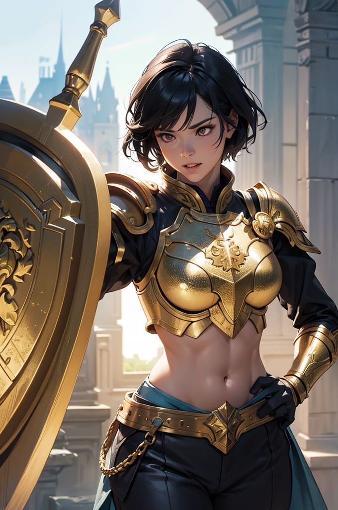 8K,paladin with sword,Gorgeous extra large armor(The elaborately crafted coat of arms of a nobleman),classy pants,ultra high resolution,surreal,realistic skin,Black hair short hair,big red eyes,muscular body,Purfluz,background,battlefield,ornate waist armor,delicate hands, Perfect hand shape,fantasy art,character art,Battle scenes,action scene,action pose,paladin,masterpiece,Realistic RAW photos of the highest quality。bright colors,rich colors, backlight, movie lights, film grain, born, 50mm lens, Nikon D850,realistic skin,fantasy art,character art,ultra high resolution,realistic scale skin,forage,Severely torn abdominal muscles,golden eyes(golden glitter effect),Severely torn abdominal muscles,laugh,dynamic pose,action pose,holding it for a long time, bayonet, blue armor