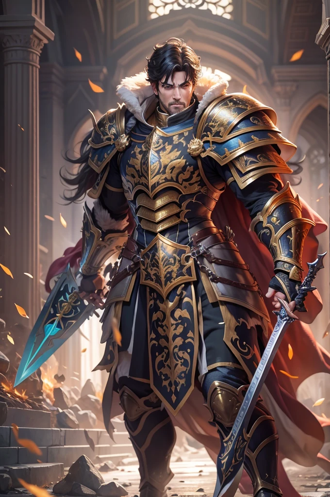 8K,paladin with sword,Gorgeous extra large armor(The elaborately crafted coat of arms of a nobleman),classy pants,ultra high resolution,surreal,realistic skin,Black hair short hair,big red eyes,muscular body,Purfluz,background,battlefield,ornate waist armor,delicate hands, Perfect hand shape,fantasy art,character art,Battle scenes,action scene,action pose,paladin,masterpiece,Realistic RAW photos of the highest quality。bright colors,rich colors, backlight, movie lights, film grain, born, 50mm lens, Nikon D850,realistic skin,fantasy art,character art,ultra high resolution,realistic scale skin,forage,Severely torn abdominal muscles,golden eyes(golden glitter effect),Severely torn abdominal muscles,laugh,dynamic pose,action pose,holding it for a long time, bayonet,
