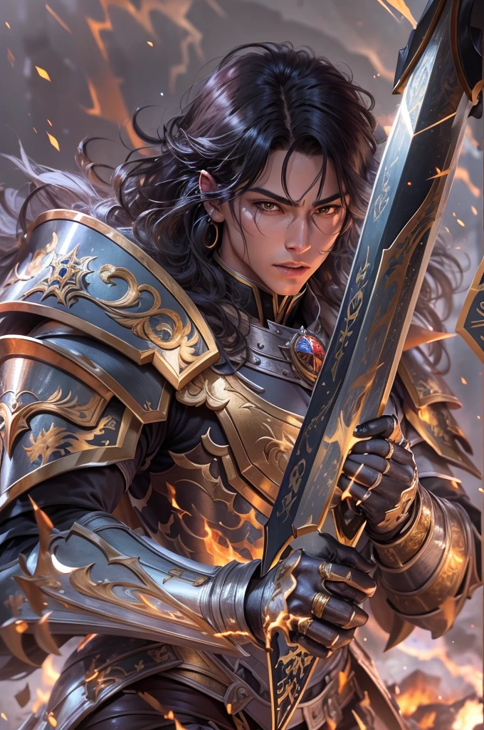 8K,paladin with sword,Gorgeous extra large armor(The elaborately crafted coat of arms of a nobleman),classy pants,ultra high resolution,surreal,realistic skin,Black hair short hair,big red eyes,muscular body,Purfluz,background,battlefield,ornate waist armor,delicate hands, Perfect hand shape,fantasy art,character art,Battle scenes,action scene,action pose,paladin,masterpiece,Realistic RAW photos of the highest quality。bright colors,rich colors, backlight, movie lights, film grain, born, 50mm lens, Nikon D850,realistic skin,fantasy art,character art,ultra high resolution,realistic scale skin,forage,Severely torn abdominal muscles,golden eyes(golden glitter effect),Severely torn abdominal muscles,laugh,dynamic pose,action pose,holding it for a long time, bayonet,