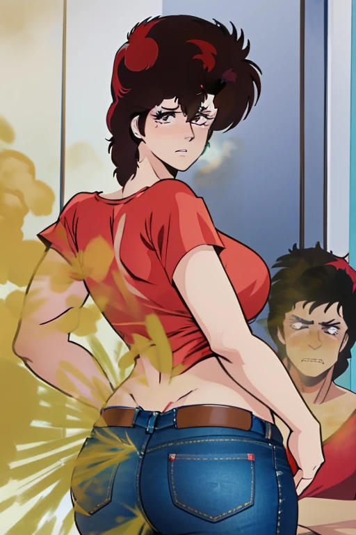 HD, high quality, high resolution, ultrahd,Kaori Makimura, 1female, wearing casual outfit, red offshoulder tshirt, jeans, default hair, brown hair, tall body, fit body, massive fart, yellow smoke, clenching teeth, embarrassed, eyes upwards, leaning, embarrassed, viewing ass