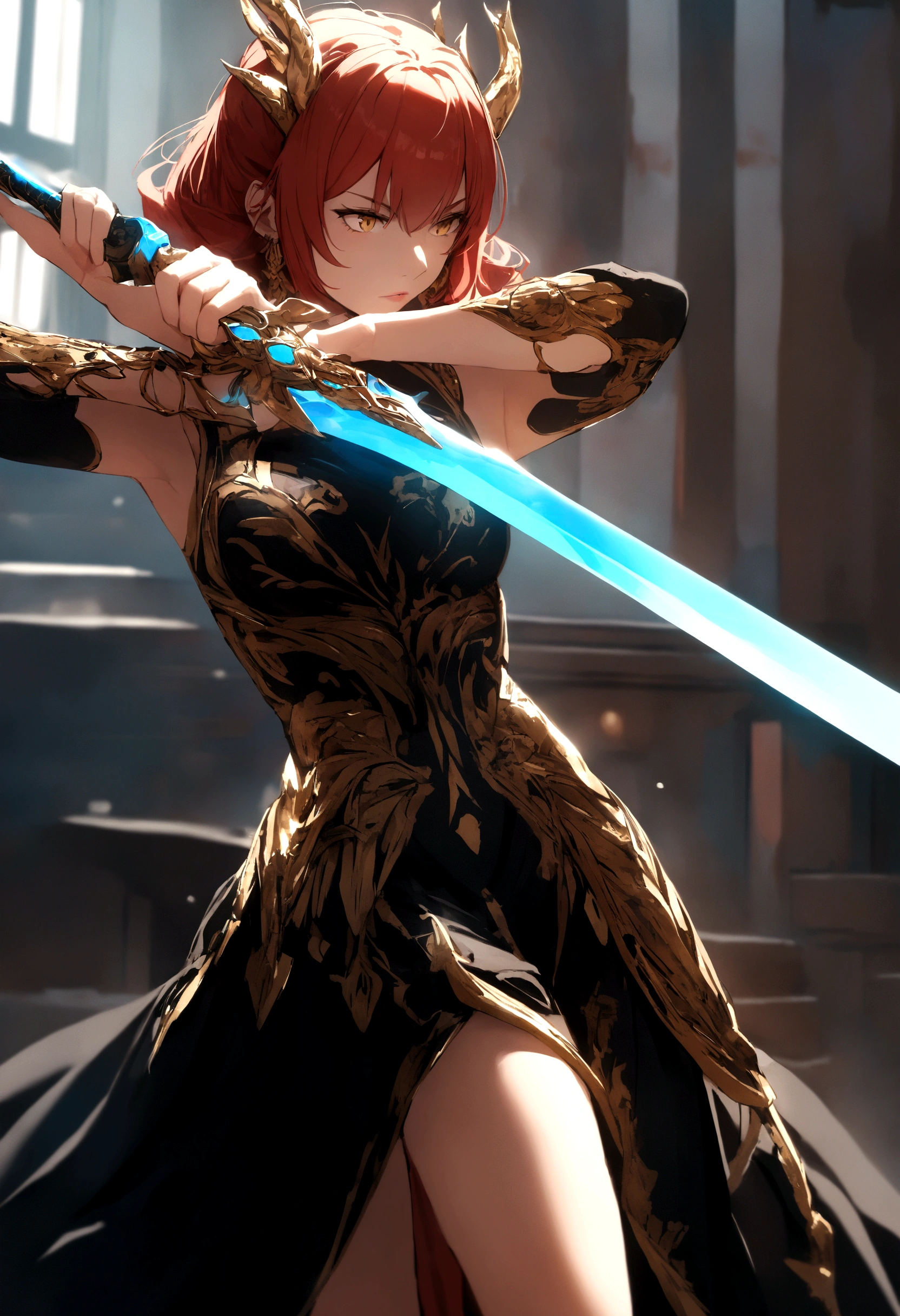 red head, Dragon girl, black and gold dress, blue flaming sword, pose