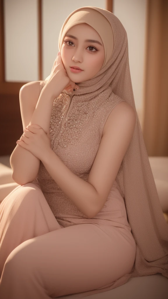 malay beautiful girl in hijab, intricate detailed hijab, beautiful detailed eyes, beautiful detailed lips, extremely detailed face, long eyelashes, delicate facial features, serene expression, graceful pose, natural lighting, soft color palette, warm tones, cinematic composition, high quality, 8k, ultra-detailed, photorealistic, masterpiece