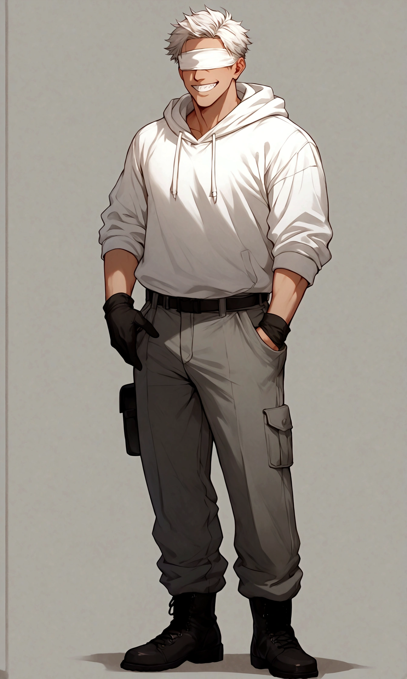 1man, mature male, short white hair, white hoodie, white blindfold, sharp teeth, black leather gloves, grey cargo pants, boots, standing, smile, score_7_up, score_8_up, score_9_up