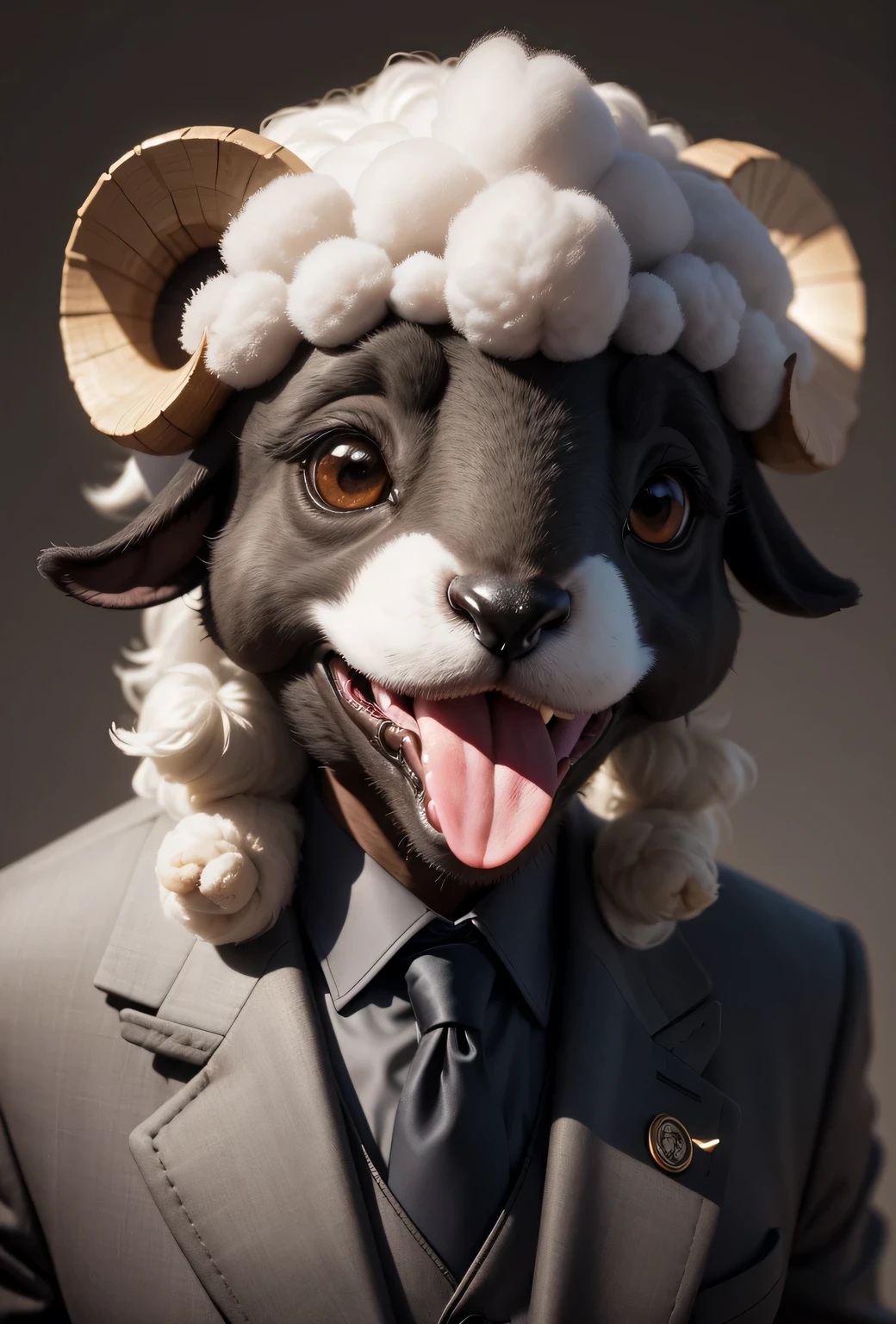 face close up photo of anthropomorphic cute sheep, dressed in a dark gray suit, (sticking out tongue),(happy:1.5), roomlighting, Cinematic, hdr, primitive, Intricate, High quality, smoothing tones, Intricate details, Low contrast,(viewed from side:1.2, looking at viewer, simple background
