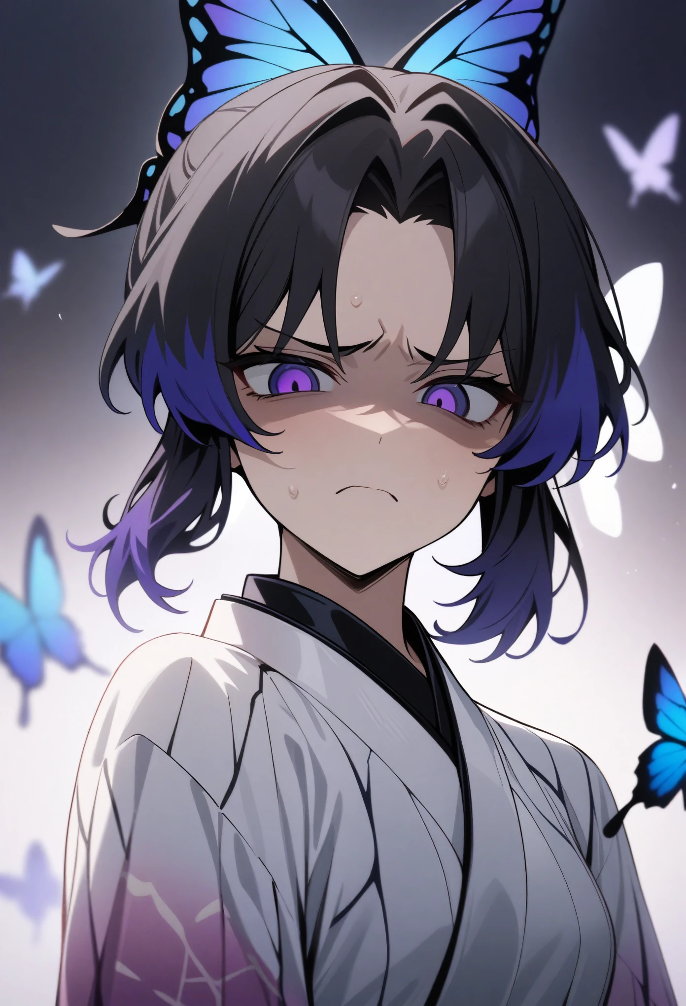 masterpiece, best quality, very aesthetic, absurdres, newest,1girl,upper body, (contempt, disgust,shaded face,looking at viewer,frown),
Kochou Shinobu, Decorate your hair with a butterfly, violet eyes, multi-colored hair, Short hair, Parted bangs, Japanese dress