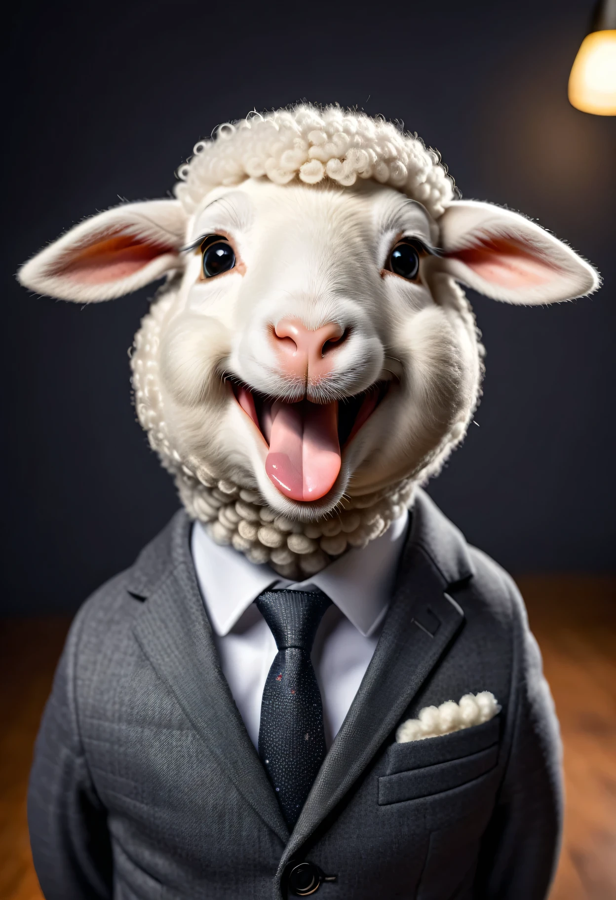 face close up photo of anthropomorphic cute white sheep,, dressed in a dark gray suit, (sticking out tongue:1.2),(happy smile:1.5), roomlighting, Cinematic, hdr, primitive, Intricate, High quality, smoothing tones, Intricate details, Low contrast,(viewed from side:1.5), (looking at viewer:1.2), simple background