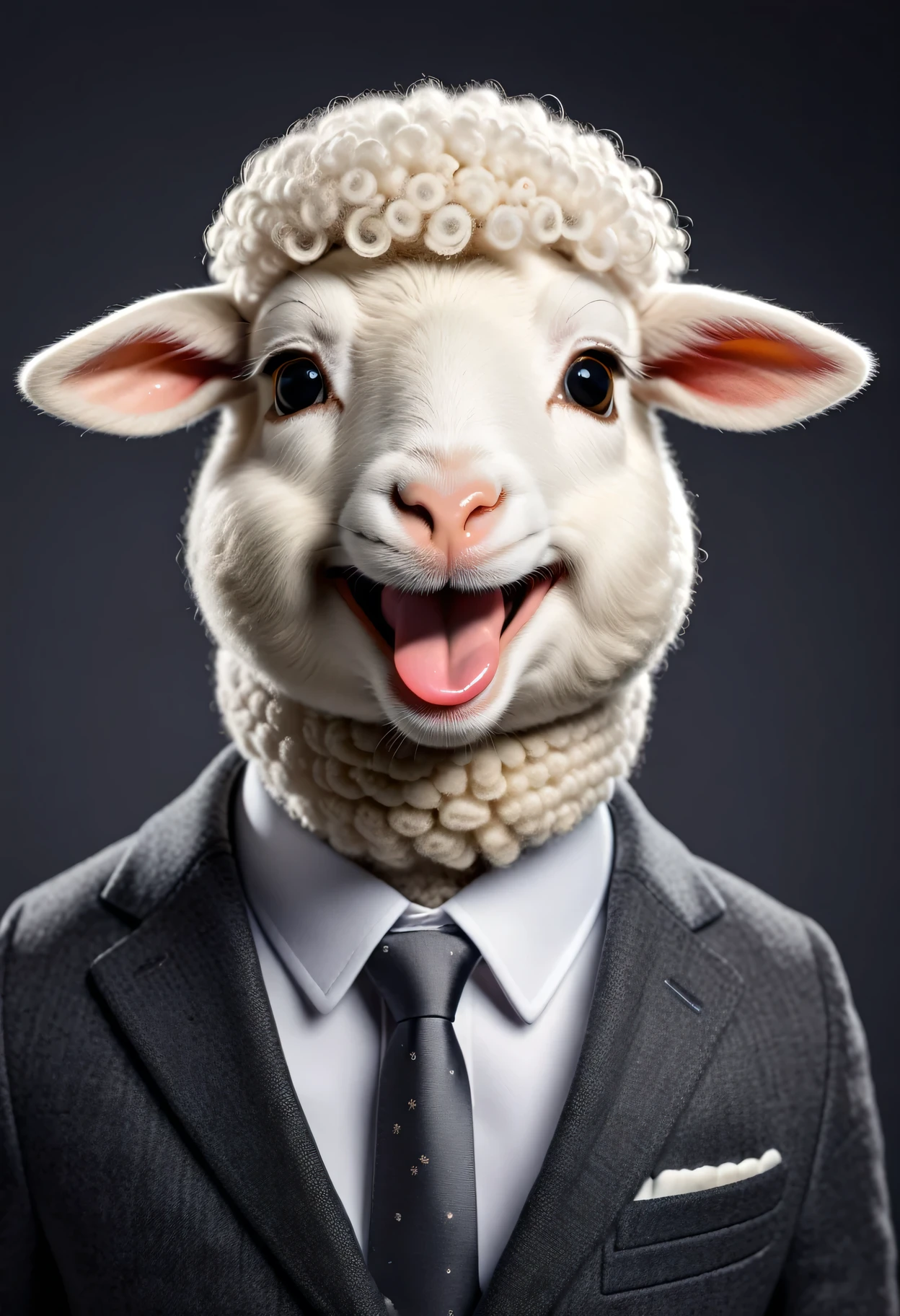 face close up photo of anthropomorphic cute white sheep,, dressed in a dark gray suit, (sticking out tongue:1.2),(happy smile:1.5), roomlighting, Cinematic, hdr, primitive, Intricate, High quality, smoothing tones, Intricate details, Low contrast,(viewed from side:1.8), (looking at viewer:1.2), simple background