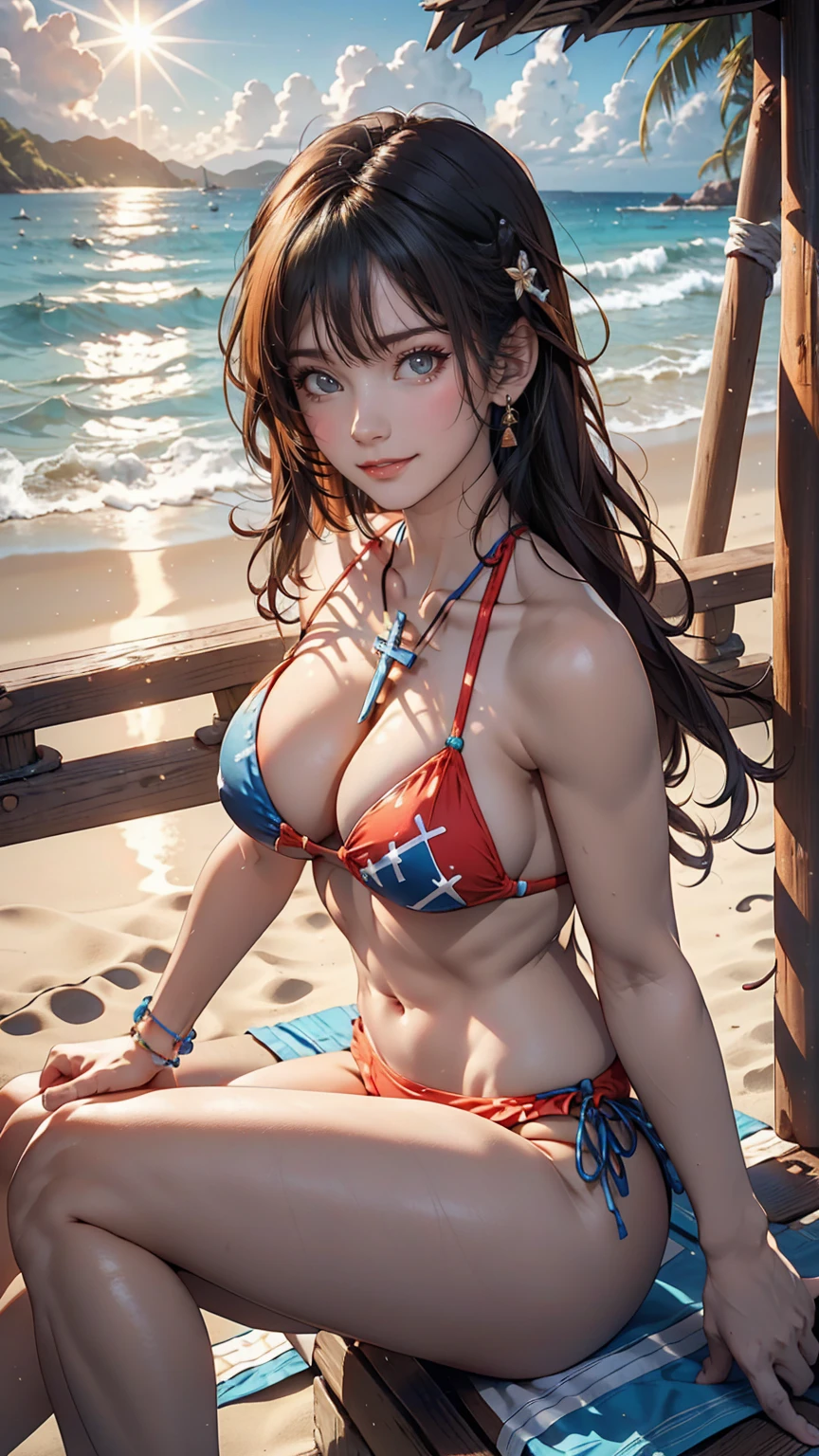 Cross Halter Bikini((Cross Halter Bikini))、Side Up((hair one side up))、Resort cottage background、The sun shines brightly、smile、Sit on the beach、waves crashing