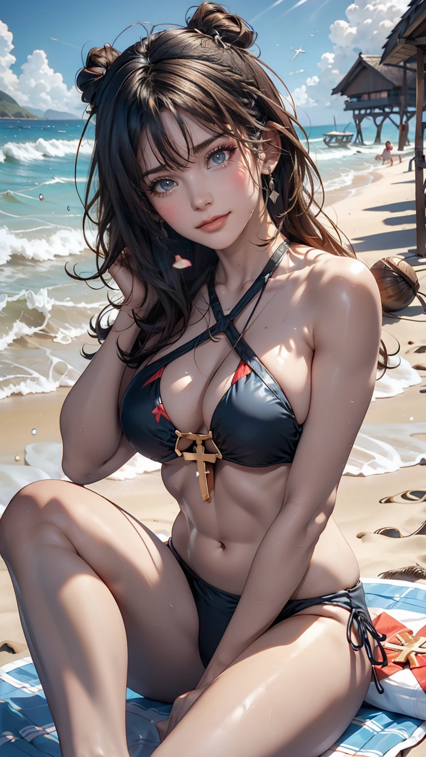 Cross Halter Bikini((Cross Halter Bikini))、Side Up((hair one side up))、Resort cottage background、The sun shines brightly、smile、Sit on the beach、waves crashing