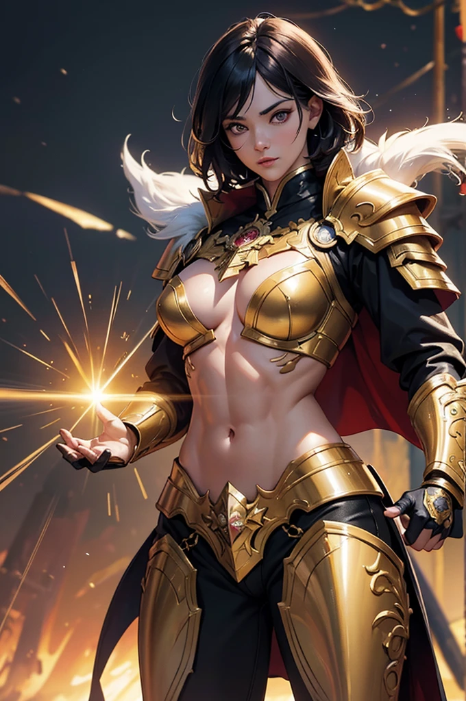 8K,paladin with sword,Gorgeous extra large armor(The elaborately crafted coat of arms of a nobleman),classy pants,ultra high resolution,surreal,realistic skin,Black hair short hair,big red eyes,muscular body,Purfluz,background,battlefield,ornate waist armor,delicate hands, Perfect hand shape,fantasy art,character art,Battle scenes,action scene,action pose,paladin,masterpiece,Realistic RAW photos of the highest quality。bright colors,rich colors, backlight, movie lights, film grain, born, 50mm lens, Nikon D850,realistic skin,fantasy art,character art,ultra high resolution,realistic scale skin,forage,Severely torn abdominal muscles,golden eyes(golden glitter effect),Severely torn abdominal muscles,laugh,dynamic pose,action pose,holding it for a long time, bayonet, man