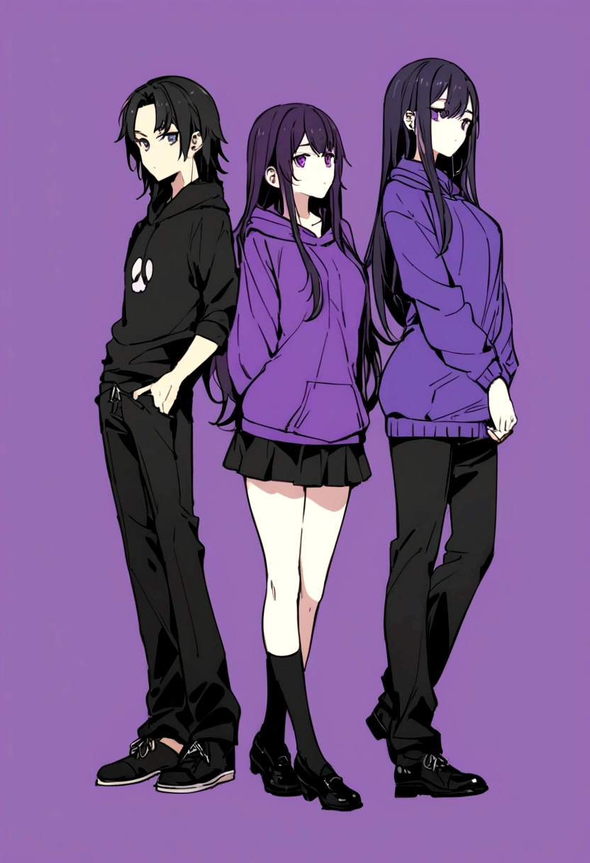 In a purple hoodie、Wearing a black short skirt、Wearing black socks、wearing black shoes。hair is black、Purple eyes。Breasts are K cup。The skin is white and、Long hair。Has one brother and one sister。My sister has an E cup。All in purple hoodies。All hair is black。My brother is wearing black pants.。