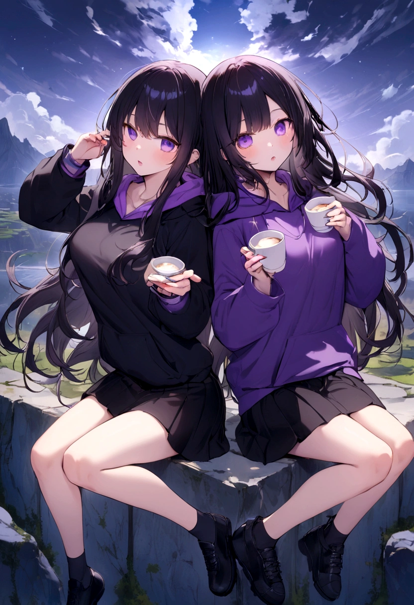 In a purple hoodie、Wearing a black short skirt、Wearing black socks、wearing black shoes。hair is black、Purple eyes。Breasts are K cup。The skin is white and、Long hair。Has one brother and one sister。My sister has an E cup。All in purple hoodies。All hair is black。My brother is wearing black pants.。