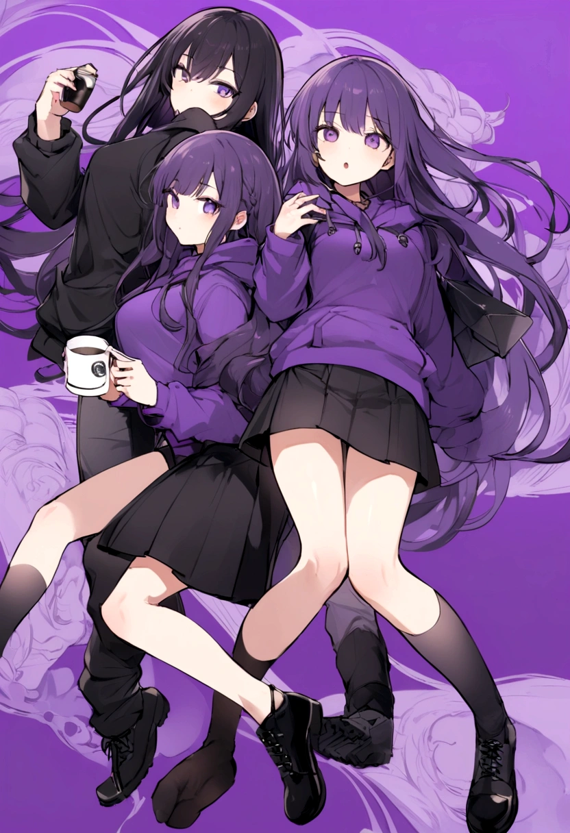 In a purple hoodie、Wearing a black short skirt、Wearing black socks、wearing black shoes。hair is black、Purple eyes。Breasts are K cup。The skin is white and、Long hair。Has one brother and one sister。My sister has an E cup。All in purple hoodies。All hair is black。My brother is wearing black pants.。